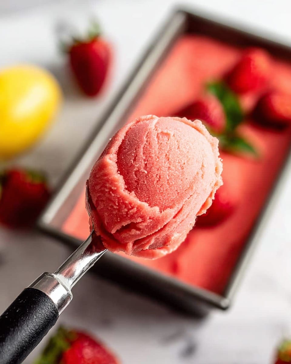 A close-up of a single scoop of pink strawberry sorbet held by a spoon with a black handle, showing soft texture with smooth curved lines. In the background, a rectangular container filled with bright red sorbet is visible, garnished with whole strawberries having green leaves. The scene is set on a white marbled surface, with part of a lemon and some strawberries slightly out of focus. Photo taken with an iphone --ar 4:5 --v 7