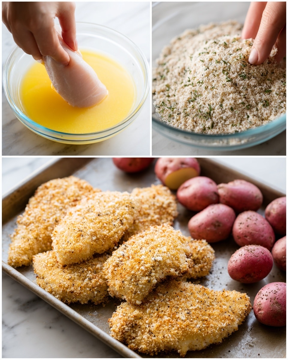The image shows three steps of making breaded chicken with potatoes. In the top left, a woman's hand is dipping a raw chicken piece into a clear glass bowl filled with a yellow egg mixture, covering the chicken with the smooth liquid. The top right part shows the same woman’s hand lifting the chicken piece now coated with dry, crumbly, light beige breading mixed with herbs inside another clear glass bowl. At the bottom, four breaded chicken pieces with a rough and brittle texture lie on a baking sheet next to halved small red potatoes sprinkled with black pepper and salt, all ready to be cooked. The background is a white marbled texture photo taken with an iphone --ar 4:5 --v 7