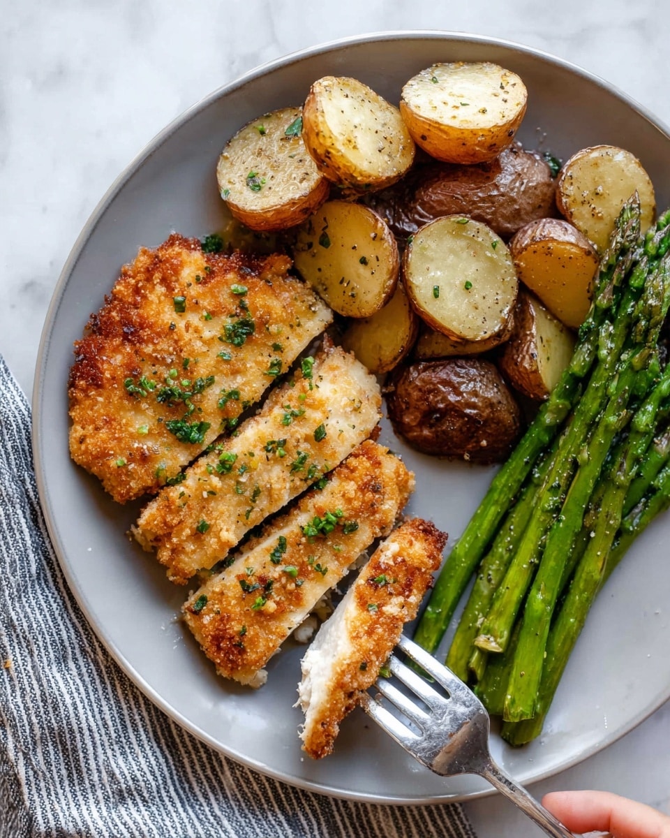 A white plate holds a meal with three main parts: at the left side, there are two golden brown crispy fried chicken pieces cut into strips, topped with small green herb bits; near the top right, several roasted potato halves and quarters show a mix of light brown skin and soft beige flesh with some herbs sprinkled on them; at the bottom right, three bright green grilled asparagus stalks with a shiny texture lie next to the potatoes; a metal fork with a woman's hand holding it is pulling a piece from the chicken at the bottom left corner of the plate; the whole plate sits on a white marbled surface with a bit of a striped cloth visible at the plate’s right bottom edge. photo taken with an iphone --ar 4:5 --v 7