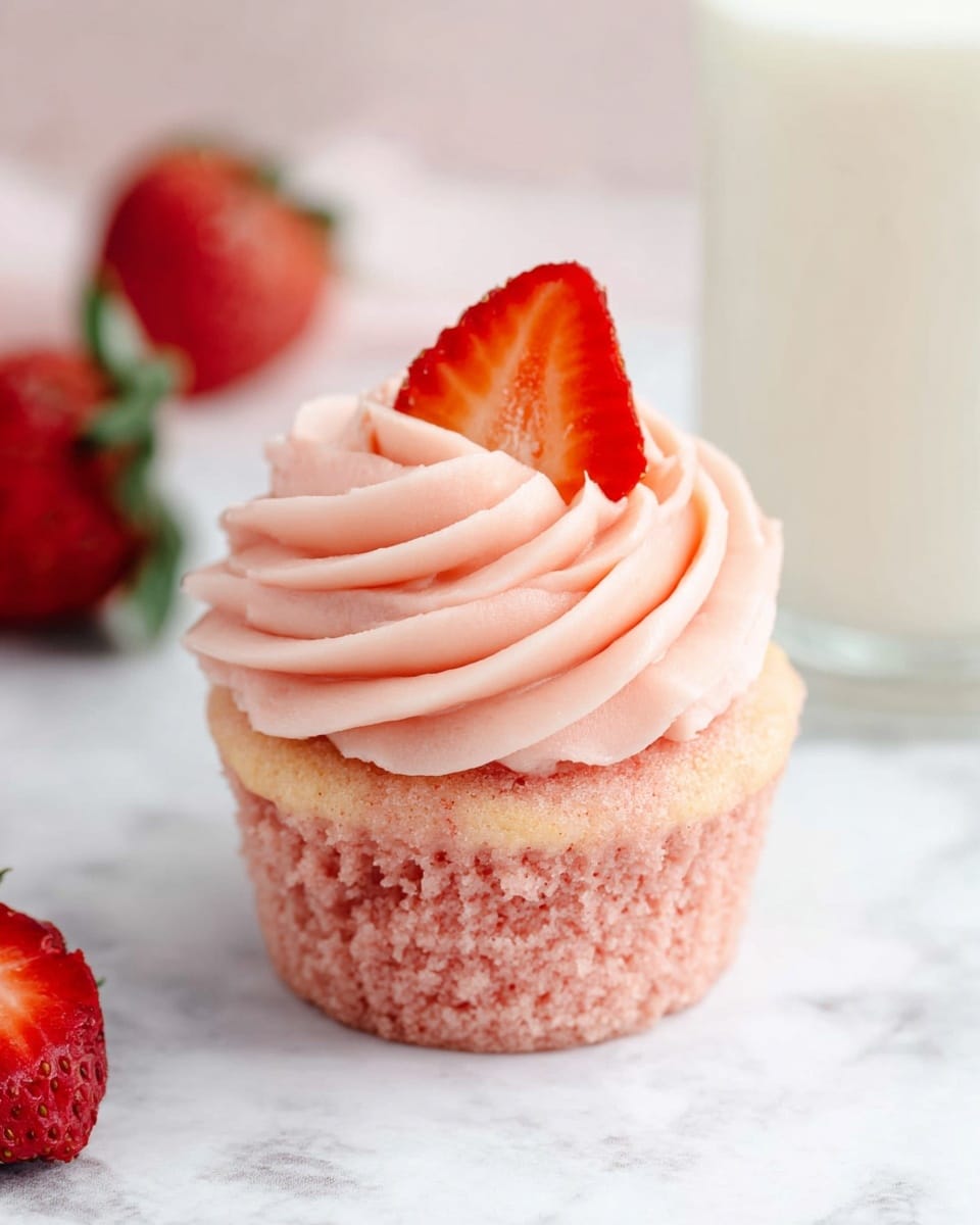 The image shows a single pink cupcake on a white marbled surface. The cupcake has two main layers: a light pink cake base with a soft and slightly crumbly texture, and a thick swirl of smooth, light pink frosting on top. Sitting at the peak of the frosting is a small triangular slice of fresh strawberry that adds a bright red and orange contrast. In the background, a white glass of milk is partly visible, as well as a whole strawberry on the left side of the cupcake. photo taken with an iphone --ar 4:5 --v 7