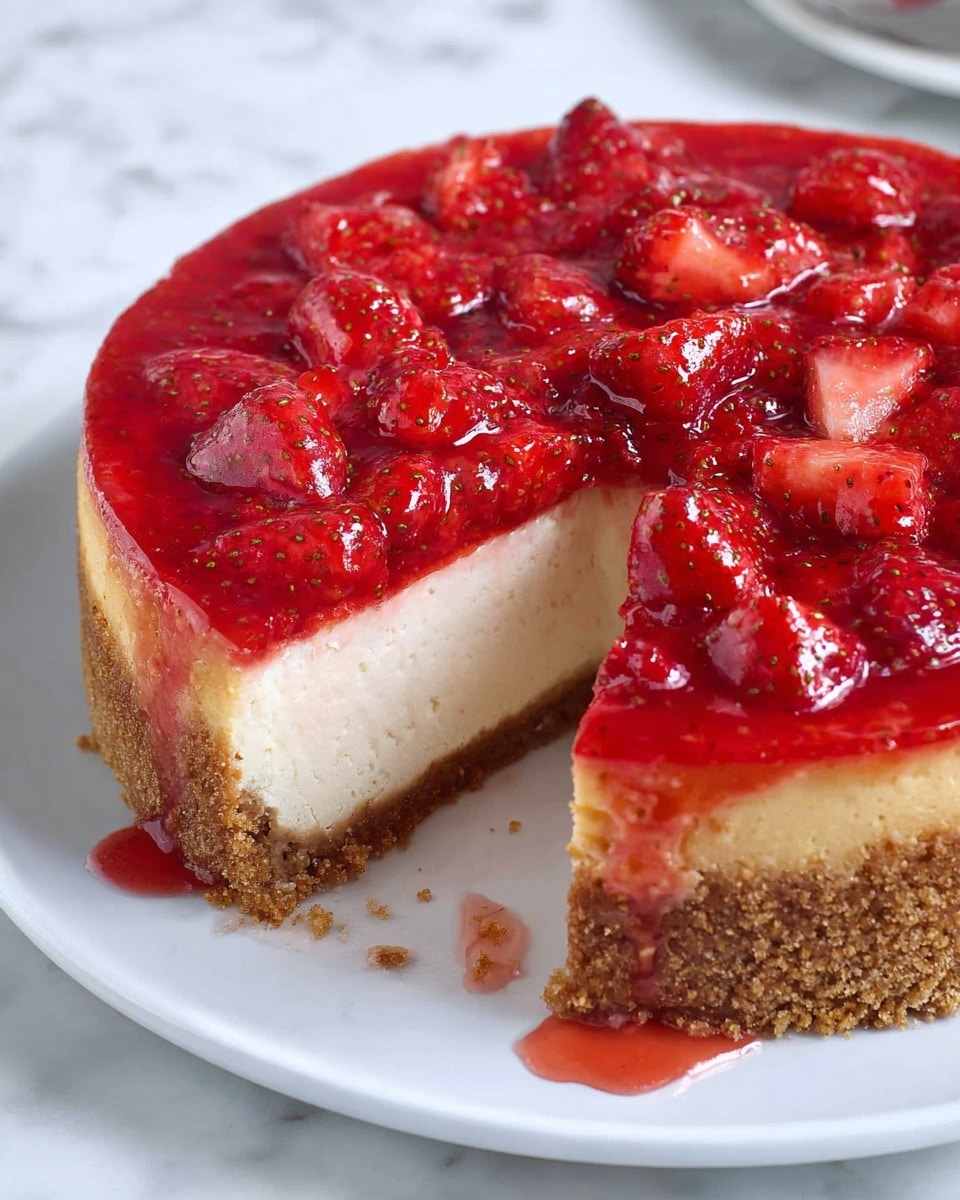 A round cheesecake with three clear layers sits on a white plate over a white marbled surface. The bottom layer is a thick brown crumb crust, rough in texture. Above it is a smooth, creamy beige cheesecake layer, which appears dense and slightly soft. The top layer is a shiny, bright red strawberry glaze made from small strawberry pieces mixed with syrup, covering the entire surface. A slice is missing, revealing the inside layers and some syrup dripping onto the plate. Photo taken with an iphone --ar 4:5 --v 7
