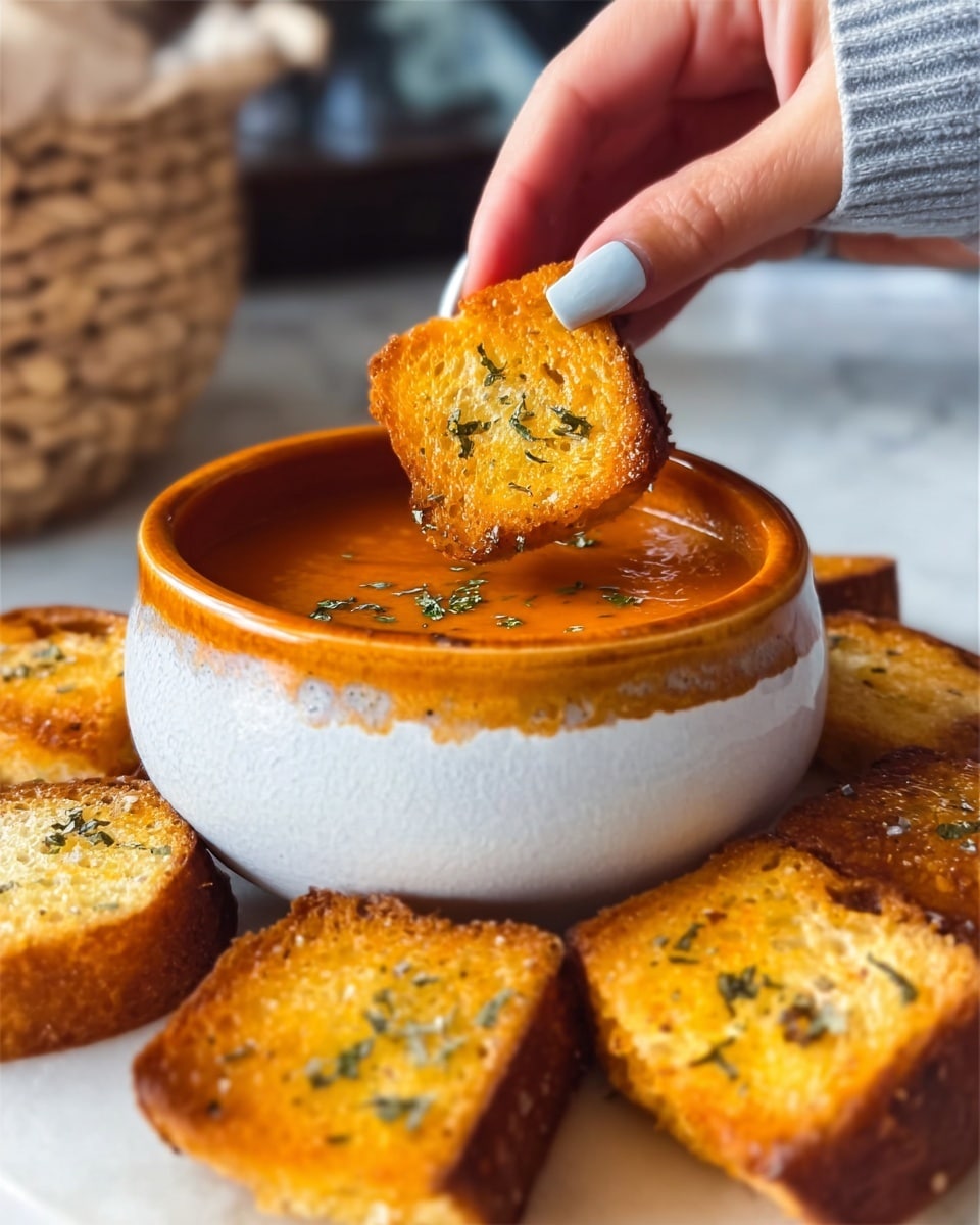A woman's hand with light gray nails is holding a small piece of golden toasted bread above a white ceramic bowl filled with orange soup. The toast is square and has green herbs on top. Around the bowl, on a white marbled surface, more toasted bread pieces are placed, showing a slight crispy texture. The bowl has an inner shiny orange layer and a matte white outer layer. The background is softly blurred. photo taken with an iphone --ar 4:5 --v 7