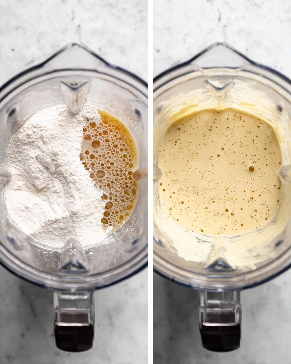 A clear blender container is shown from the top view, filled in the first image with three main layers: a white flour powder on one side, a light brown liquid mixture with bubbles next to it, and a few small pools of cream or milk at the bottom. In the second image, the blender contains a smooth, creamy light yellow batter with tiny bubbles on the surface, fully mixed together. Both images show the blender on a white marbled surface. photo taken with an iphone --ar 4:5 --v 7