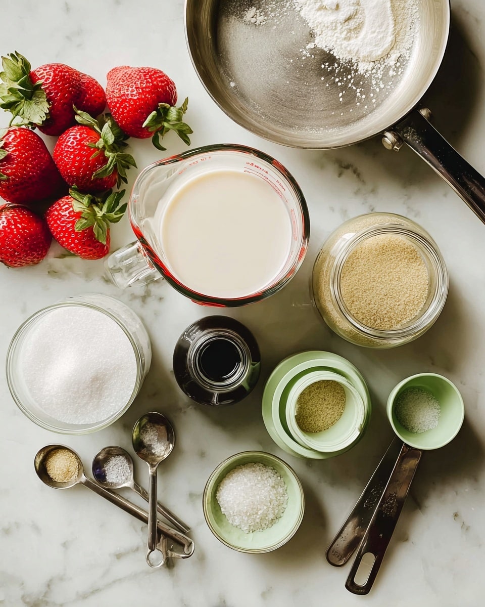 The image shows a top view of various ingredients arranged on a white marbled surface. There are several strawberries with bright red color and green leaves on the top left side. In the middle, there's a clear glass measuring cup filled with a creamy white liquid and next to it a glass jar also filled with a white liquid. Around these, there are light green measuring spoons and cups, one filled with a light brown sugar-like substance and another empty but stacked on top of another one. A small dark glass bottle containing a dark liquid is placed near the larger measuring cup. Two small metal measuring spoons with a grainy white substance are positioned near the front, along with a round light green bowl filled with coarse white salt. A large metal pan with a black handle is at the top of the image. The overall setup looks ready for making a sweet recipe. photo taken with an iphone --ar 4:5 --v 7