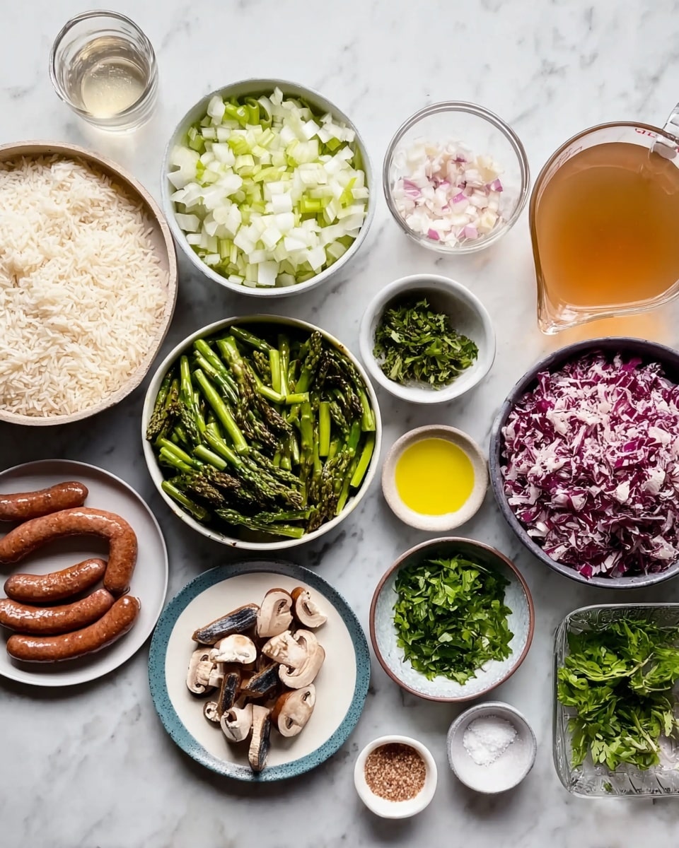 The image shows several bowls and plates arranged on a white marbled surface with cooking ingredients. There are 11 containers in total: one bowl has chopped white onions, another holds green asparagus pieces, a third bowl has chopped green leafy vegetables, a fourth contains chopped mushrooms, and another bowl holds chopped purple radicchio. There is a white bowl filled with white rice. A small glass cup has yellow oil, a tiny bowl is filled with minced garlic, and another one has chopped fresh green herbs. A small white plate contains two brown sausages, and another small white dish holds two anchovy fillets. Additionally, there is a glass measuring cup with light brown broth and a small glass container with salt. The overall arrangement looks neat and colorful, with a mix of green, brown, white, and purple shades. Photo taken with an iphone --ar 4:5 --v 7