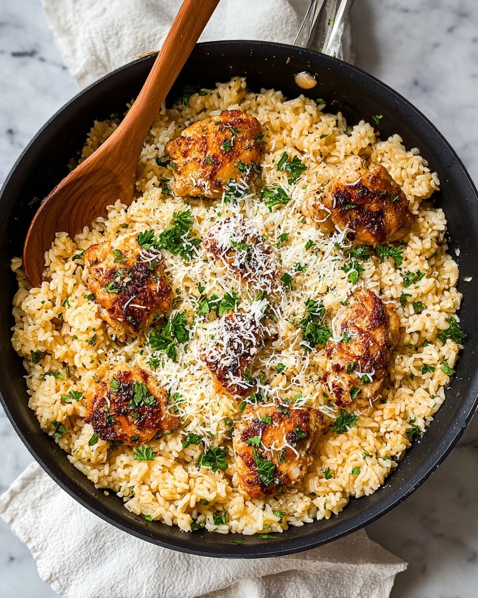 A black pan filled with a bed of light golden-brown rice, scattered with small green herb pieces throughout. On top, there are several browned, cooked chicken pieces with a slightly crispy, dark golden surface. The chicken is sprinkled with a layer of finely grated pale yellow cheese and fresh green parsley leaves. A wooden spoon rests inside the pan, partially on the rice to the left side. The pan is placed on a white marbled surface with a light cloth partially visible under the pan’s handle. photo taken with an iphone --ar 4:5 --v 7