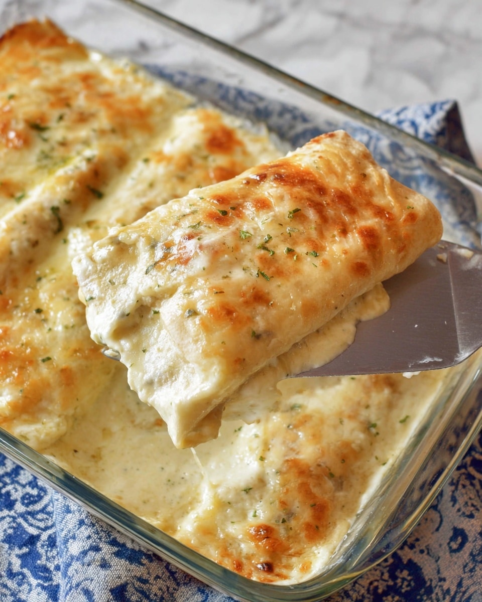 The image shows a glass baking dish on a white marbled surface lined with a blue and white cloth. Inside the dish are three baked enchiladas layered with a creamy white sauce and melted cheese on top, which has light golden brown spots and a smooth, slightly bubbly texture. One enchilada is being lifted with a metal spatula, showing the thick creamy sauce coating its folded tortilla layers. The enchiladas are pale yellow with hints of green herbs sprinkled on top. photo taken with an iphone --ar 4:5 --v 7