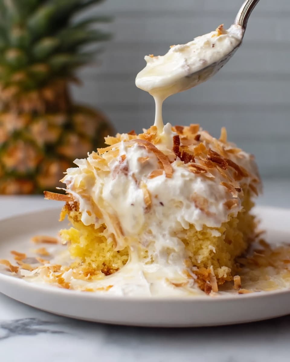 The image shows a white plate with a dessert that has two main layers. The bottom layer is a golden-yellow cake with crispy toasted coconut flakes scattered on and around it. On top of the cake, there is a creamy white topping with visible small specks, likely vanilla, and some toasted coconut flakes for texture. A silver spoon is scooping a soft portion from the top, with some creamy sauce dripping down the sides and pooling on the white marbled surface beneath. The background is blurred with an out-of-focus pineapple visible on the left. Photo taken with an iphone --ar 4:5 --v 7