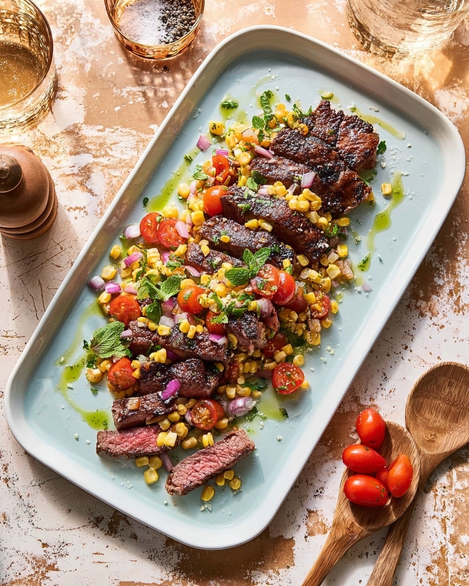 A white rectangular plate holds a sliced grilled steak arranged in a loose line across the center, showing a medium-rare interior with a dark, charred crust. On top and beside the steak is a colorful salad made of yellow corn, halved red cherry tomatoes, chopped red onions, and green cilantro leaves, adding vibrant patches of yellow, red, purple, and green. A light drizzle of green oil surrounds the steak, with coarse salt scattered over the dish. At the bottom right of the plate, two wooden utensils rest, one holding two cherry tomatoes. The background is a white marbled surface with warm-toned glasses and a pepper bowl nearby. photo taken with an iphone --ar 4:5 --v 7