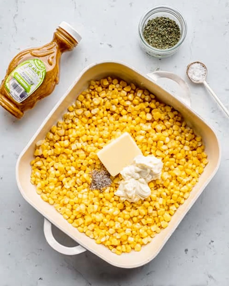 A white pan filled with bright yellow corn kernels spread evenly, topped with a square piece of light yellow butter slightly melting, a white dollop of creamy mayonnaise, a sprinkle of coarse black pepper, and white salt grains gathered near the center. Around the pan on a white marbled surface, there is a bottle of honey mustard sauce tilted on the left, a small glass jar of green dried herbs near the top, and a woman's hand holding a white spoon with some salt at the right edge. photo taken with an iphone --ar 4:5 --v 7