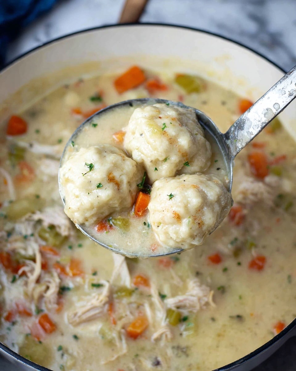 A large metal ladle holds three round, pale beige dumplings with a slightly bumpy texture, floating in a thick, creamy light beige broth. Small pieces of orange carrot, translucent diced onion, and light green celery are scattered around the dumplings, along with shredded light brown meat. The background shows more of the creamy soup with similar ingredients in a white deep pan, all placed on a white marbled surface. photo taken with an iphone --ar 4:5 --v 7