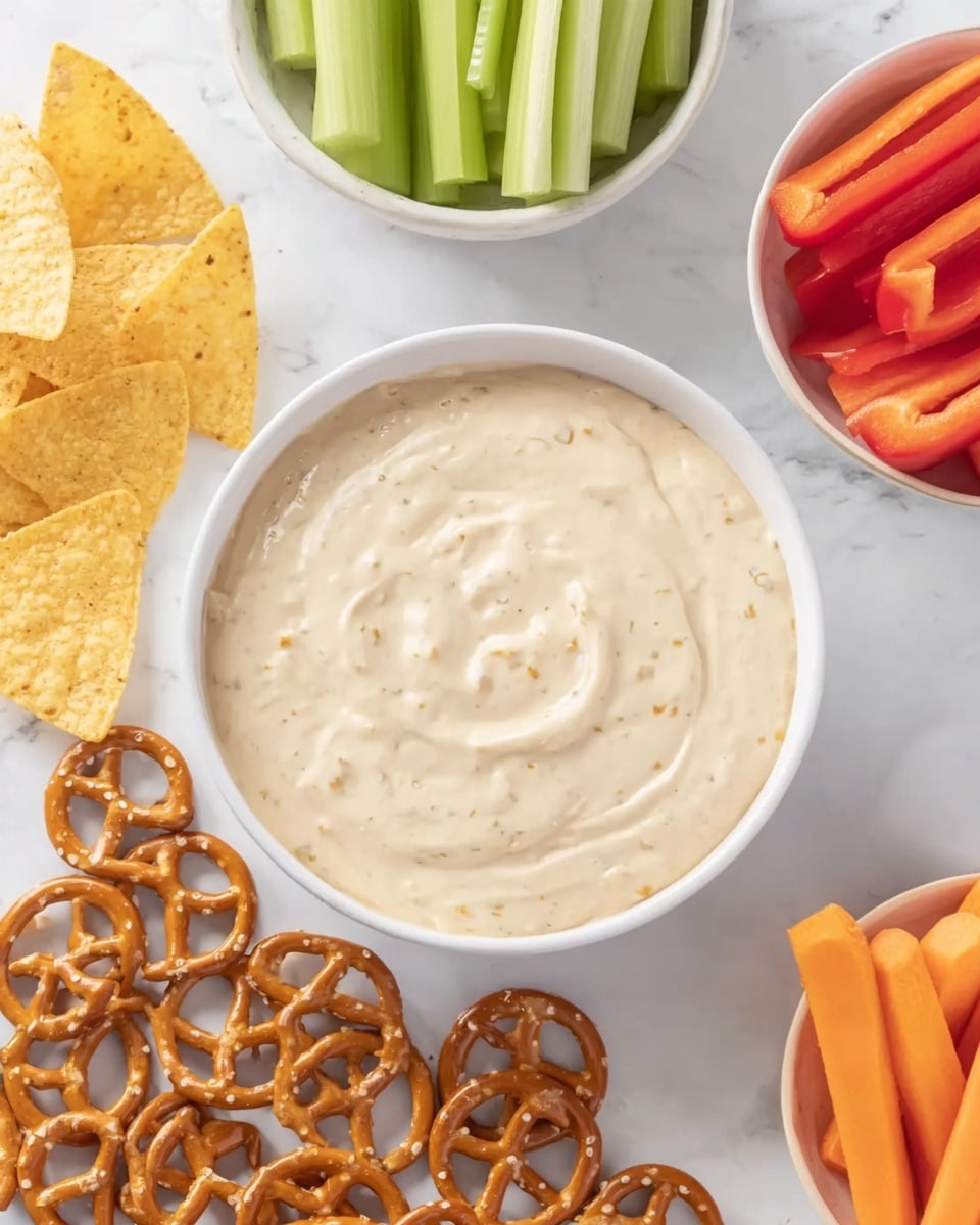 A white bowl filled with creamy light beige dip with small bits inside is placed in the center on a white marbled surface. Around the bowl, there are scattered small salted pretzels with a shiny, smooth texture. To the left of the bowl, light yellow triangular tortilla chips are partially visible. Above the bowl, a white bowl holds fresh light green celery sticks standing upright. To the right, another white bowl contains bright red and orange bell pepper slices with smooth, glossy skin. Below that, a third small white bowl holds small, smooth orange baby carrots, with one baby carrot resting on the marbled surface. Photo taken with an iphone --ar 4:5 --v 7