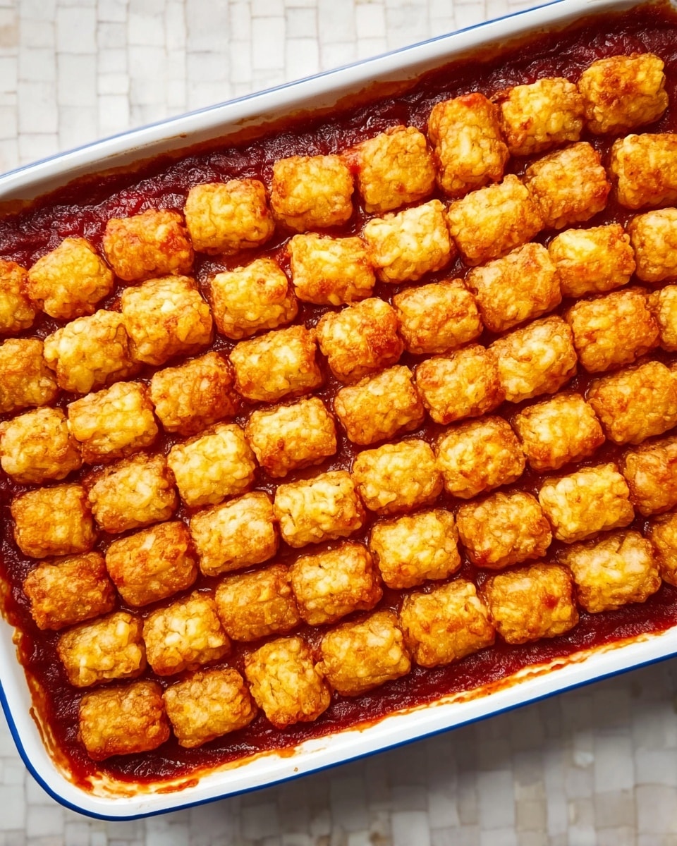 The image shows a white rectangular baking dish filled with rows of golden brown tater tots, arranged closely in a neat grid pattern. The tater tots sit on a thick layer of deep red tomato sauce, visible between the evenly spaced rows. Each tater tot is crispy, with a textured crispy surface, and the sauce below has a slight shine, suggesting a rich, cooked tomato base. The dish is placed on a white marbled surface. Photo taken with an iphone --ar 4:5 --v 7
