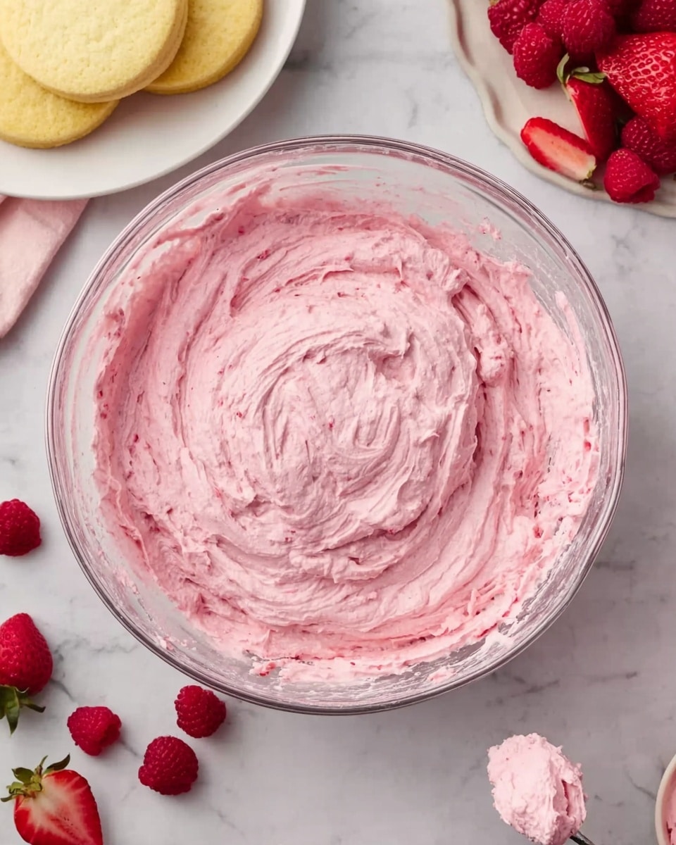 A large clear bowl in the center filled with thick, fluffy pink cream mixed with small bits of darker pink, spread smoothly with soft swirls. Around the bowl, on a white marbled surface, there are scattered fresh raspberries and strawberries, with a white plate holding two round pale yellow cakes in the top left corner. Part of a woman’s hand is visible holding a utensil with some pink cream on it at the bottom right side. Photo taken with an iphone --ar 4:5 --v 7