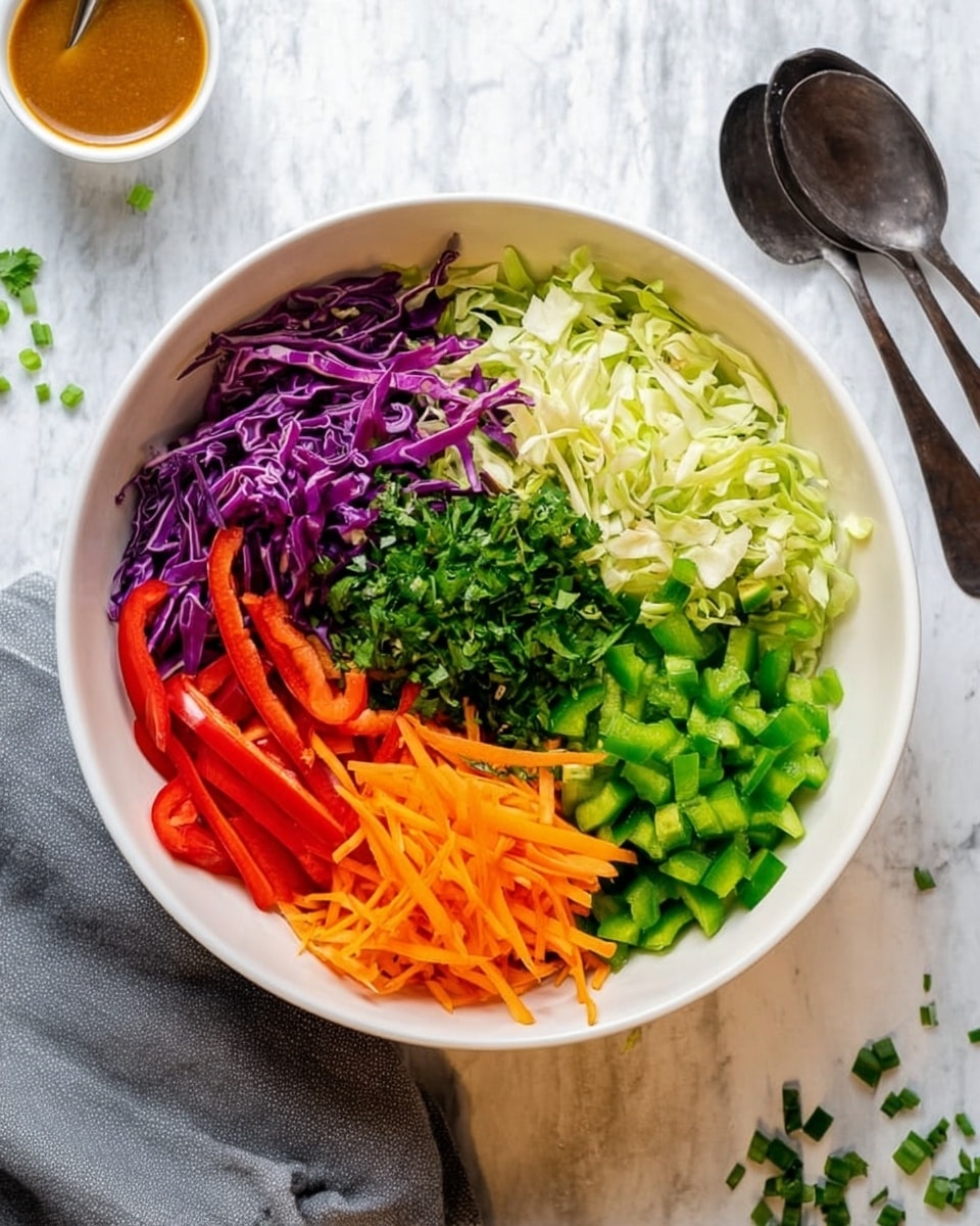 A white bowl filled with six colorful layers of fresh vegetables arranged in sections: finely shredded purple cabbage on the top left, finely shredded light green cabbage on the top right, thin red bell pepper slices on the middle left, chopped green bell peppers on the middle right, thin bright orange carrot sticks on the bottom right, and chopped green onions at the bottom left. In the center sits a pile of finely chopped dark green cilantro. The bowl is placed on a white marbled surface with a gray cloth partially visible on the bottom left, a white container with light brown sauce on the top right, and two dark metal spoons to the right side. Small bits of chopped herbs are scattered around the bowl. The photo taken with an iphone --ar 4:5 --v 7