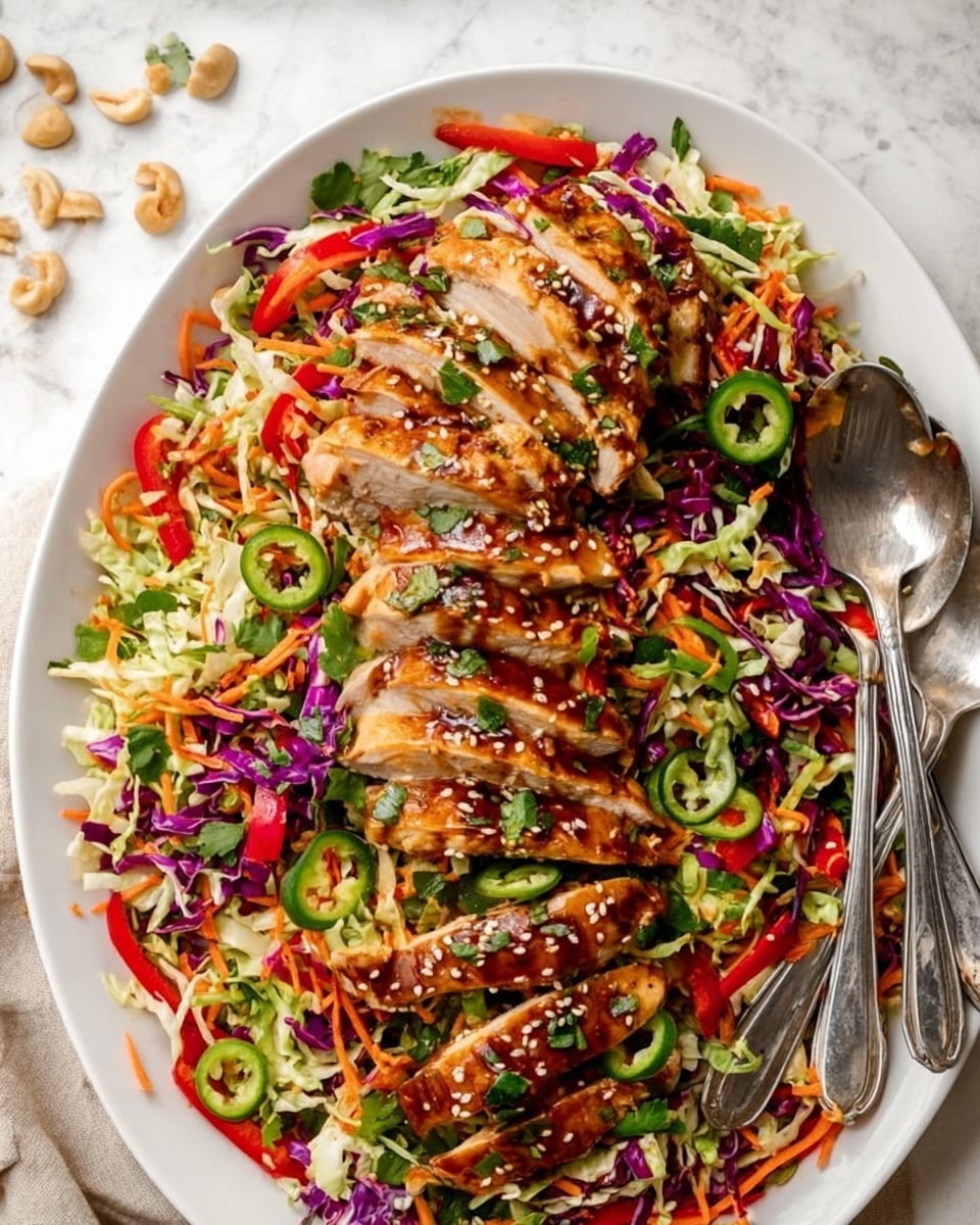 A white oval plate filled with a colorful salad base made of shredded purple cabbage, green cabbage, thin carrot strips, sliced red bell peppers, and fresh green herbs lightly mixed with sliced jalapeños and chopped scallions, creating a vibrant mix of purple, orange, red, and green colors covering the entire plate. On top of this salad, there are two rows of sliced grilled chicken arranged in the center, with a golden-brown caramelized surface showing grill marks, each slice folded slightly to show the juicy white inside. The chicken slices are drizzled with a thick brown sauce and sprinkled with white sesame seeds. Chopped fresh herbs are scattered across the chicken and salad layers. Two silver serving spoons rest on the right side of the plate. The plate sits on a white marbled surface with a few scattered nuts around. Photo taken with an iphone --ar 4:5 --v 7