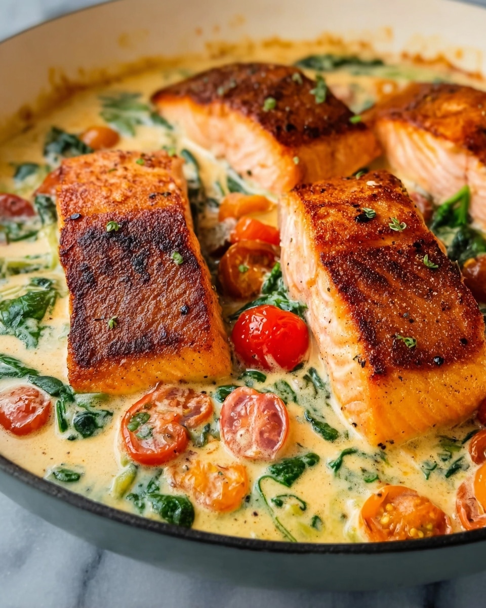 The image shows a white pan filled with a creamy sauce that forms the bottom layer, dotted with green spinach leaves and whole cherry tomatoes in red and orange hues scattered on top. Three large, golden-brown seared salmon fillets with a crispy crust sit on top of the sauce, each piece showing a slightly different shade of pink and orange and textured grill marks. The pan edges and the white marbled surface underneath add contrast, emphasizing the warm tones of the food. The dish looks rich and fresh, with vibrant colors and a mix of smooth creaminess and crisp textures. photo taken with an iphone --ar 4:5 --v 7
