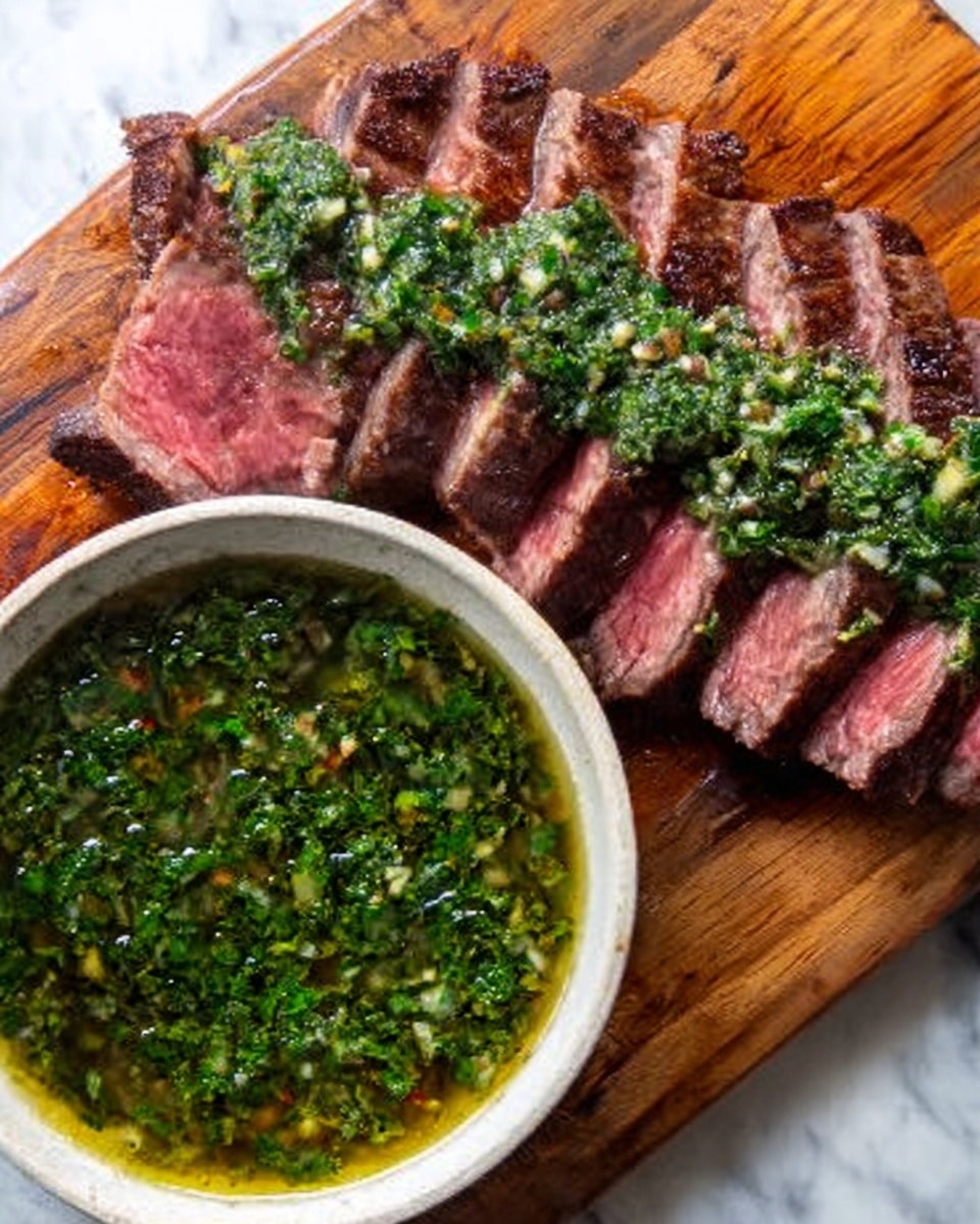A wooden board holds thin slices of medium-rare steak arranged in a row, showing a pink center with a slightly browned outer edge. On top of the steak is a green sauce made of chopped herbs, giving a fresh and textured look. Next to the board is a white bowl filled with more of the same green sauce, which looks oily and vibrant with small bits of ingredients visible. All is set on a white marbled surface. photo taken with an iphone --ar 4:5 --v 7