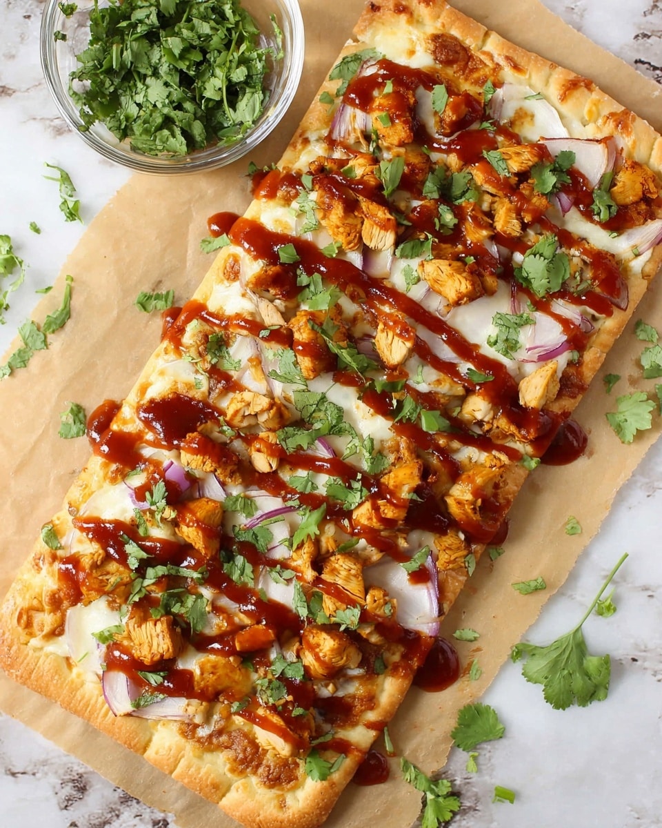 A rectangular flatbread pizza with a light golden thin crust forms the base layer, topped evenly with melted white cheese. On top of the cheese are chunks of seasoned cooked chicken, scattered red bell pepper strips, and thin, curved slices of purple onion. Bright red barbecue sauce is drizzled in wide stripes across the toppings. Fresh green cilantro leaves are sprinkled all over the pizza adding a fresh touch. The pizza is placed on light beige parchment paper with small pieces of cilantro around it. To the upper left, there is a clear glass bowl filled with green cilantro. The scene is set against a white marbled texture. photo taken with an iphone --ar 4:5 --v 7