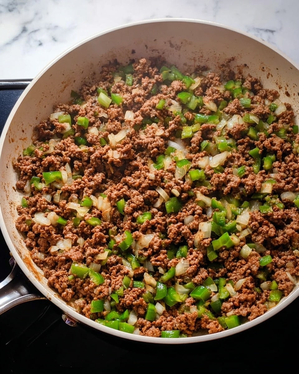 A large white pan filled with cooked ground meat mixed with small pieces of green bell peppers and diced onions. The meat is browned with a crumbly texture, while the green bell peppers add bright green color scattered throughout. The onions are translucent and soft, blending evenly with the other ingredients. The pan sits on a black stove with the shiny metal handle visible on the left side. Steam lightly rises from the pan, showing the dish is hot. The background is a white marbled surface. photo taken with an iphone --ar 4:5 --v 7