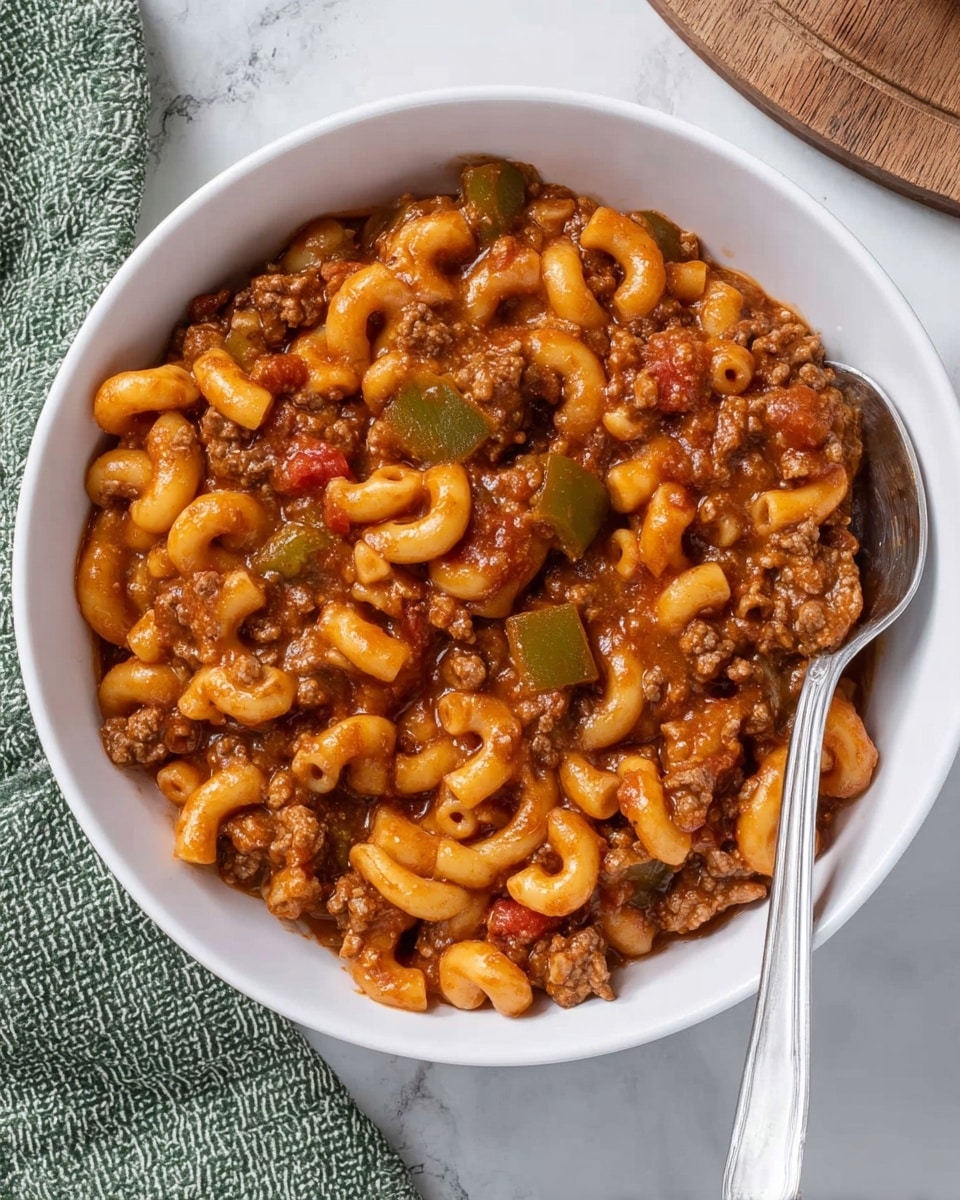 A white bowl filled with macaroni pasta mixed in a thick, brownish-red sauce containing ground meat and small pieces of green bell pepper and tomato, creating a hearty textured dish. A shiny silver spoon is placed inside the bowl on the right side. The bowl sits on a white marbled surface, and a part of a wooden board and a green textured cloth are visible in the background. Photo taken with an iphone --ar 4:5 --v 7