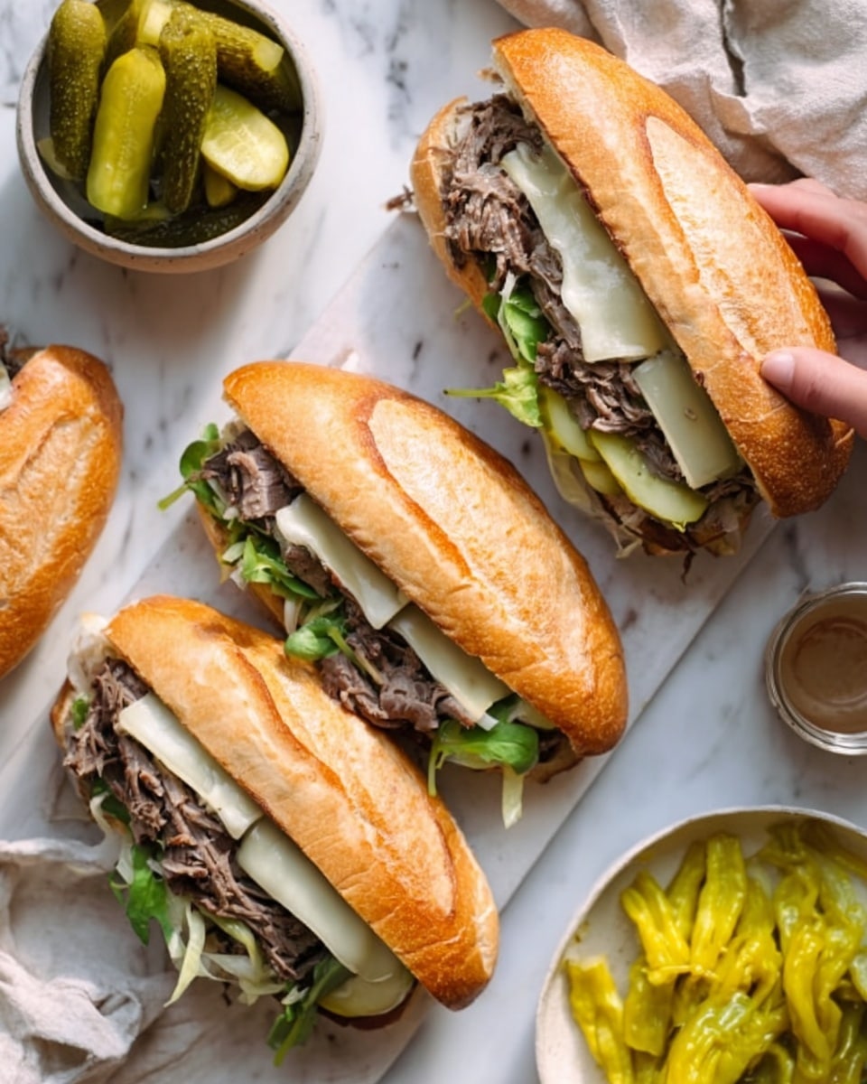 The image shows three sandwiches on a white marbled surface. Each sandwich is made with a golden brown hoagie roll, filled with layers of greyish shredded meat, light green leafy vegetables, and slices of pale white cheese. The sandwiches are arranged with two near the top and one near the bottom of the frame. Next to the bottom sandwich, there is a white bowl with long green pickle slices, and on the right side, there's another white bowl filled with yellow pepperoncini peppers. A woman's hand is seen holding the middle sandwich from the top edge. The photo has soft natural lighting and a casual, fresh look. Photo taken with an iphone --ar 4:5 --v 7