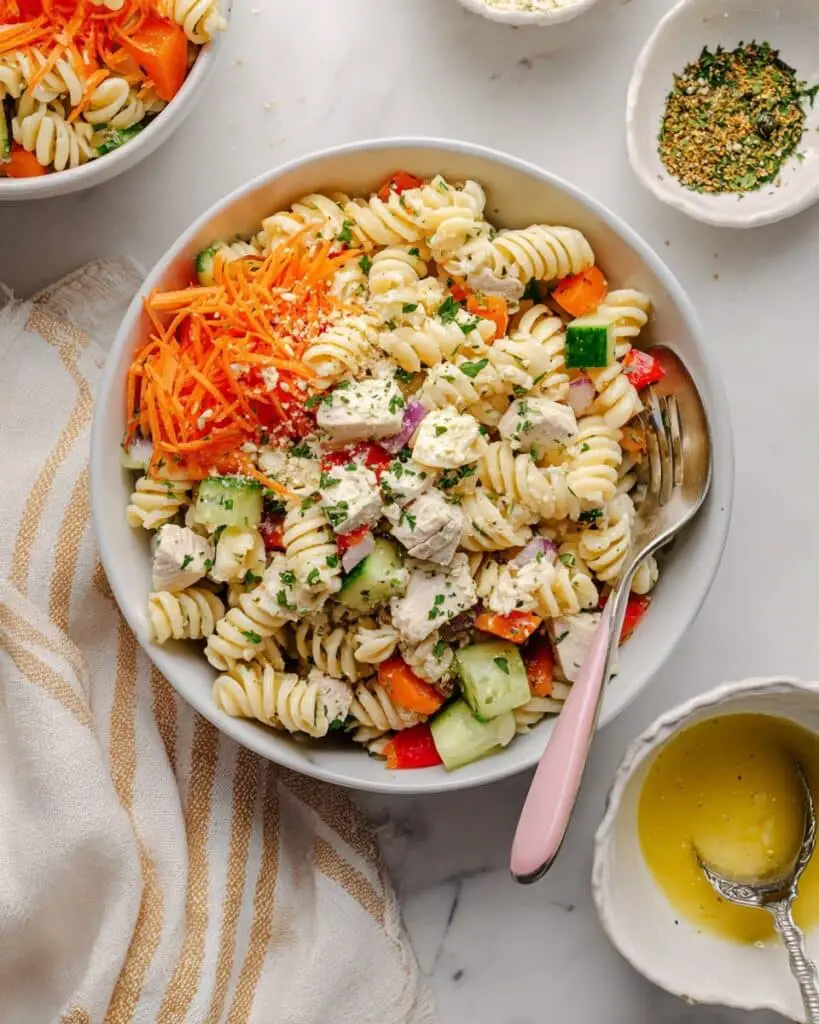 High Protein Chickpea Pasta Salad with Chicken and Veggies Recipe