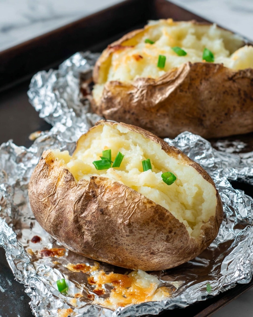 Two baked potatoes with rough brown skin sit on wrinkled aluminum foil over a dark baking tray. Each potato is split open to show soft, fluffy pale yellow inside with a few small green chive pieces on top. Some melted cheese with a light golden brown texture is visible on the foil around the potatoes. The background is a white marbled texture. Photo taken with an iphone --ar 4:5 --v 7