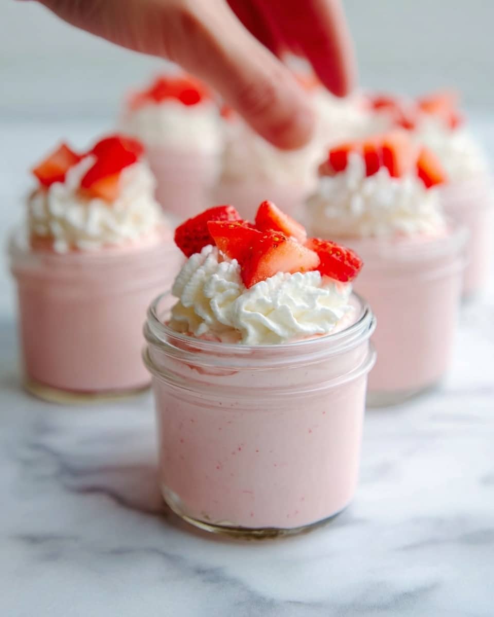 The image shows a small glass jar filled with a pink creamy dessert that looks smooth and thick. On top of the dessert is a layer of white whipped cream, which is fluffy and soft. Small, bright red strawberry pieces are scattered on the whipped cream, adding a fresh and colorful touch. In the background, there are similar jars with the same dessert, all placed on a white marbled surface. A woman's hand is reaching towards one of the jars. The photo taken with an iphone --ar 4:5 --v 7