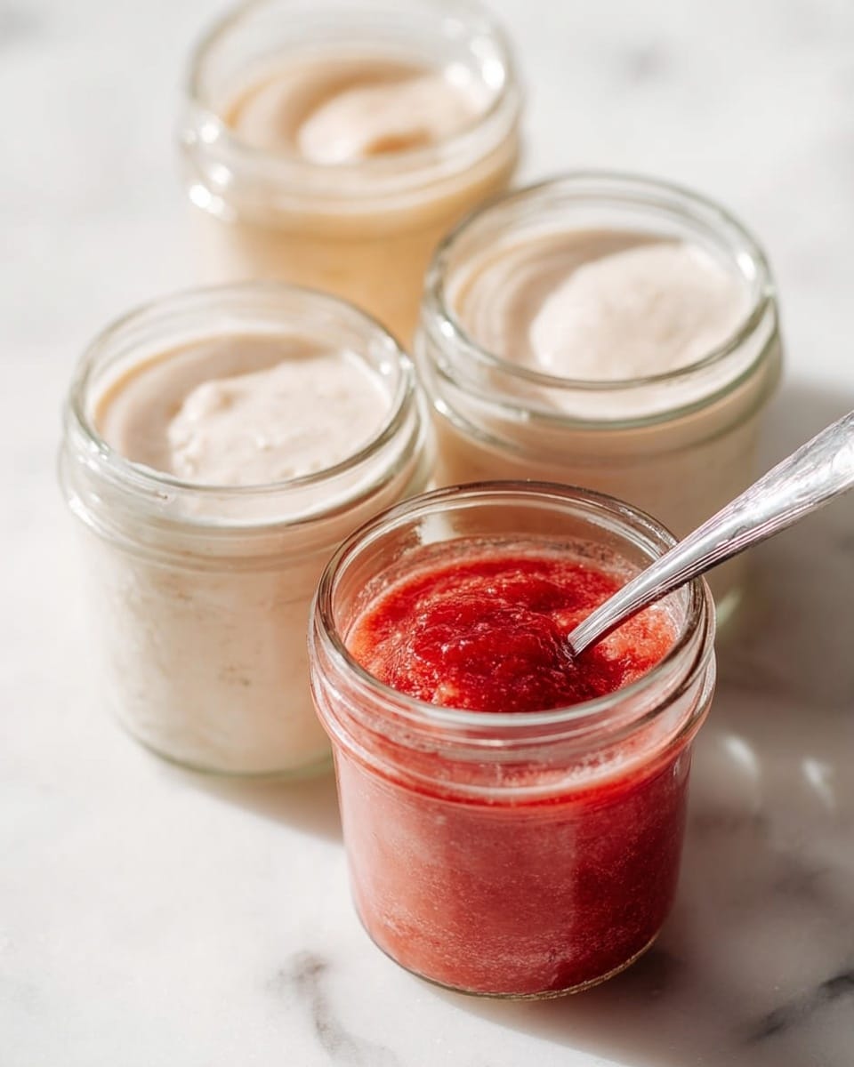 The image shows four clear glass jars arranged on a white marbled surface. Three of the jars contain a creamy, light beige mixture with visible soft texture, layered evenly inside the jars. The jar in the front is filled with a thick, bright red chunky sauce that looks like fruit puree, with a silver spoon resting inside. The creamy jars are placed behind the red jar in a slightly curved line. The lighting is soft and natural, highlighting the textures and colors clearly. photo taken with an iphone --ar 4:5 --v 7
