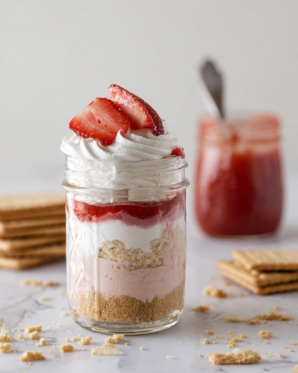 A clear glass jar filled with a dessert showing four visible layers: the bottom layer is light brown crumbly texture resembling crushed graham crackers, followed by a thick pale pink creamy layer, another crumbly light brown layer, then another thick pale pink creamy layer; on top there is a bright red strawberry sauce layer and a swirl of white whipped cream crowned with sliced strawberries. The jar sits on a white marbled surface scattered with broken pieces of crackers. In the background, a glass jar containing more red sauce with a spoon inside is blurred. Photo taken with an iphone --ar 4:5 --v 7