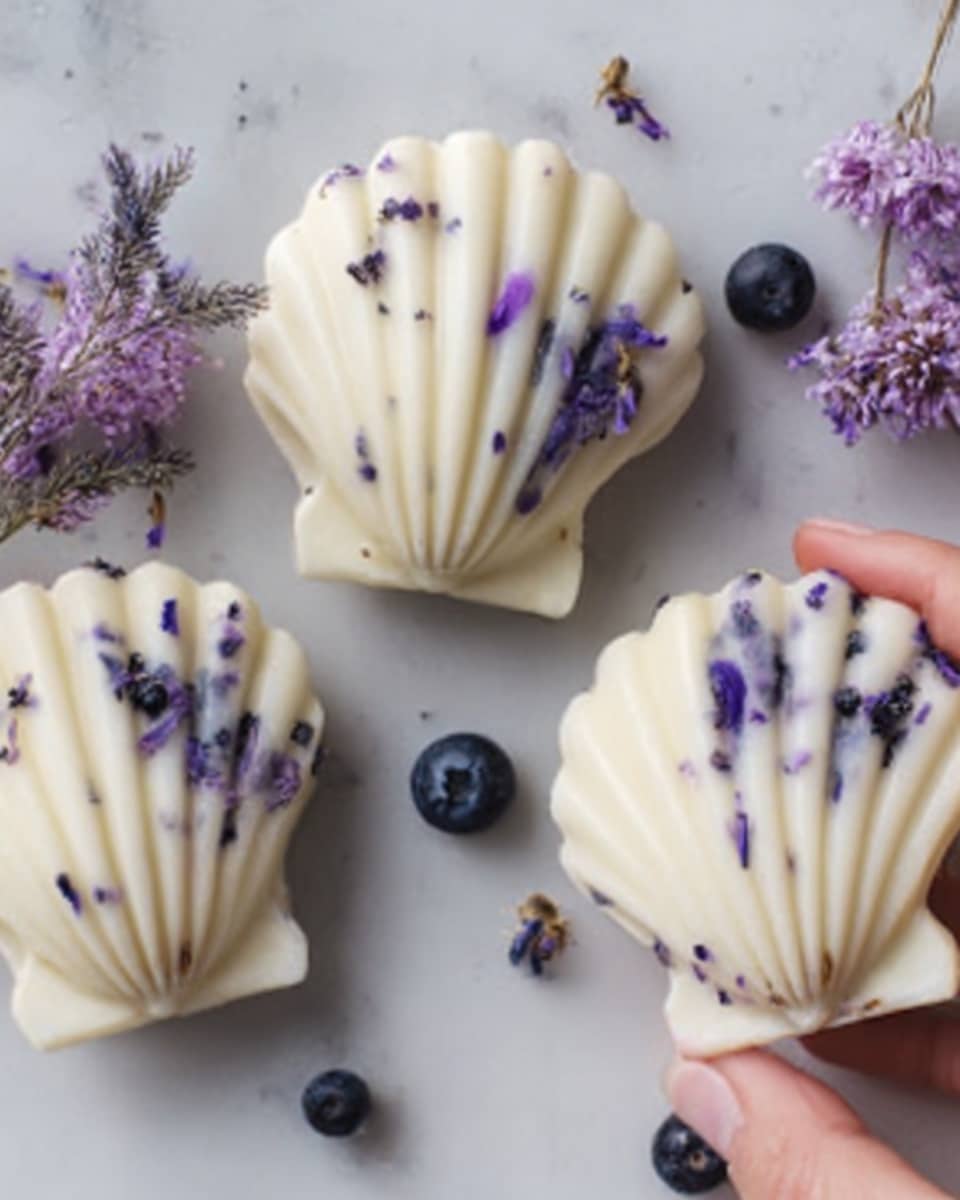 The image shows three shell-shaped white desserts with a smooth creamy texture. Inside each dessert, tiny purple flower petals are embedded, adding spots of color and a delicate, natural look. The desserts are placed on a white marbled surface, with a few fresh blueberries and small purple flowers scattered around them. A woman's hand is gently holding one of the desserts from the side, adding a human touch to the scene. photo taken with an iphone --ar 4:5 --v 7