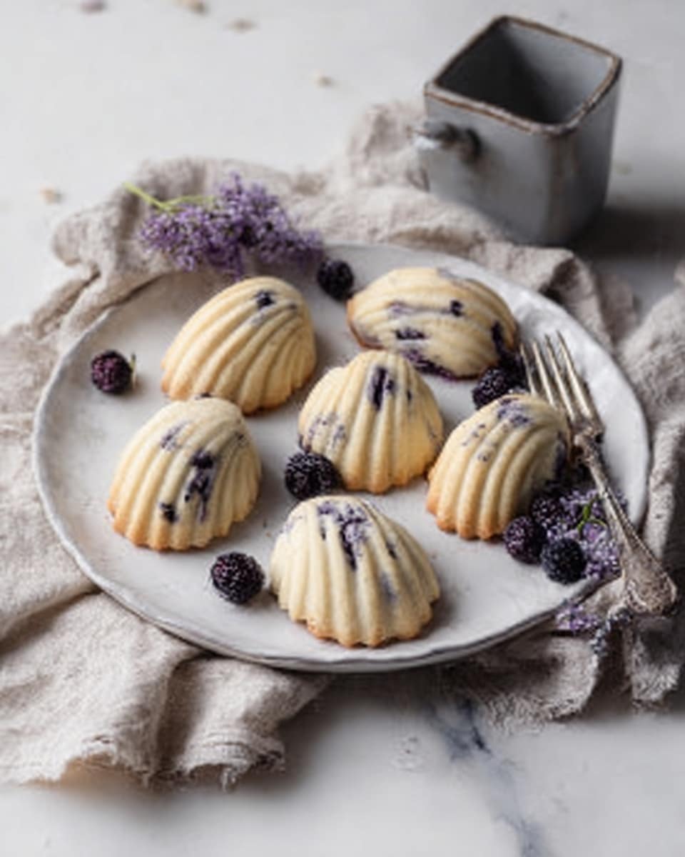 The image shows a white plate holding seven shell-shaped light beige cookies with small dark purple spots throughout. The cookies have soft ridges across their curved tops. A few small dark purple berries are scattered around the cookies on the plate. A silver fork rests near the edge of the plate. The plate is set on a wrinkled light beige linen cloth on a white marbled surface. In the background, there is a small square grey ceramic container with a lid. Photo taken with an iphone --ar 4:5 --v 7