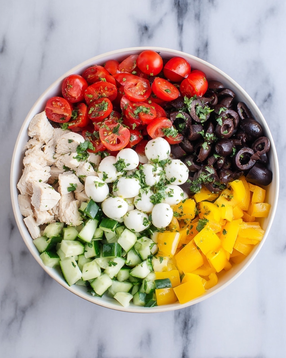 A white bowl filled with a colorful salad composed of six different sections. Starting from the top going clockwise, there are bright red cherry tomato halves with some green herbs sprinkled on top, followed by dark black sliced olives. Next is a section of beige cooked chicken pieces, then fresh green cucumber chunks. In the middle, there is a pile of small white mozzarella balls covered lightly with green chopped herbs, while bright yellow diced bell peppers complete the circle. The bowl is set on a white marbled surface. Photo taken with an iphone --ar 4:5 --v 7