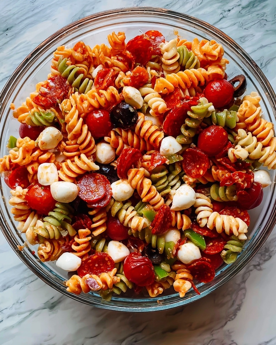 A clear, round bowl filled with a colorful pasta salad sits on a white marbled surface. The salad has several layers mixed together evenly: tri-color rotini pasta in pale orange, green, and white; cherry tomatoes in bright red, halved; small white mozzarella balls; dark olives scattered throughout; small pieces of green bell pepper; and folded thin slices of red pepperoni. The textures vary from smooth mozzarella, soft pasta, shiny olives, juicy tomatoes, and slightly crisp peppers, creating a lively and fresh appearance. The photo taken with an iphone --ar 4:5 --v 7