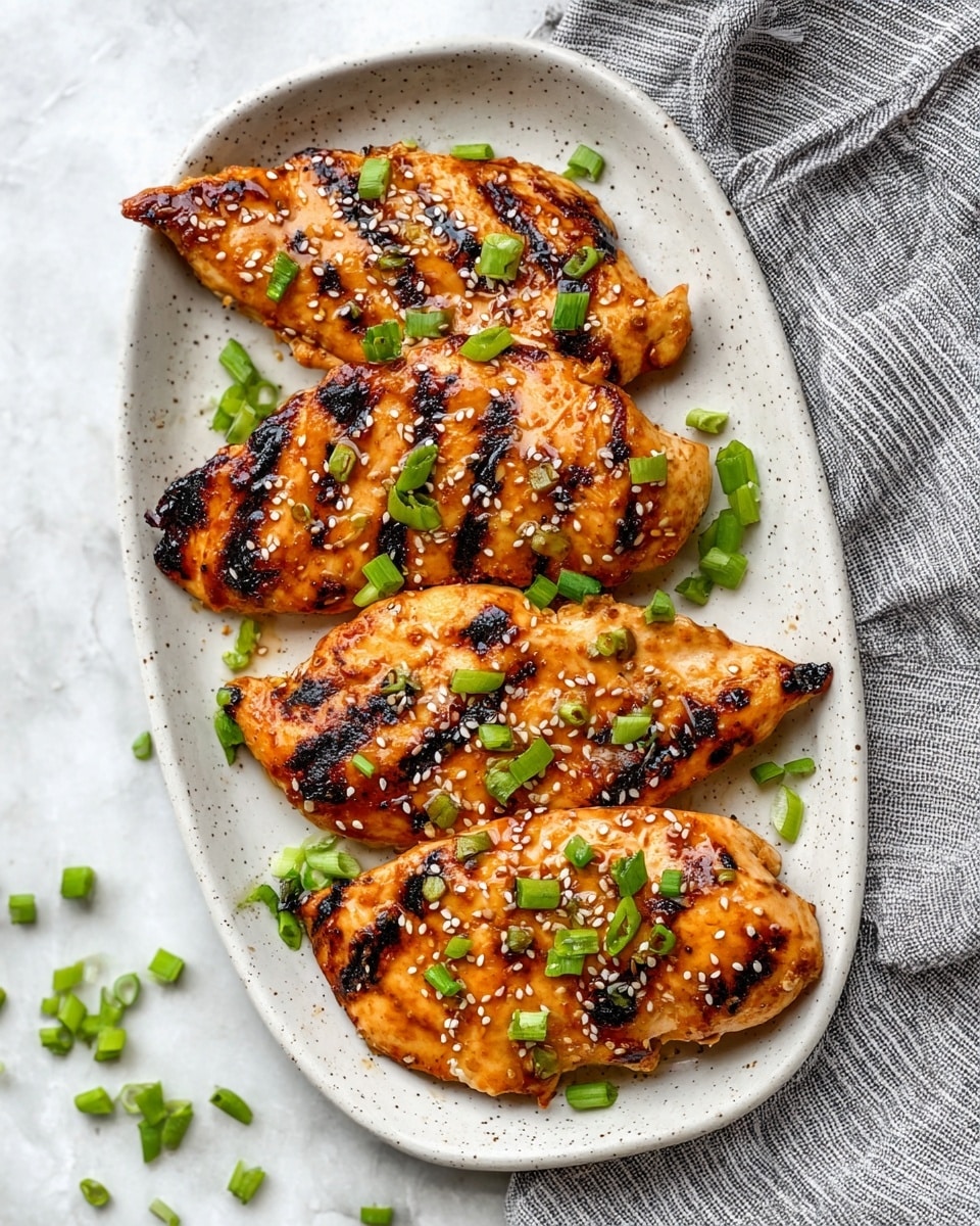 Four grilled chicken fillets are placed side by side on a white speckled oval plate. Each fillet has visible dark grill marks and a shiny orange glaze with small chunks, sprinkled with black and white sesame seeds. Bright green chopped spring onions are scattered on top and around the fillets. The plate rests on a white marbled surface with a folded gray and white striped cloth nearby. Photo taken with an iphone --ar 4:5 --v 7