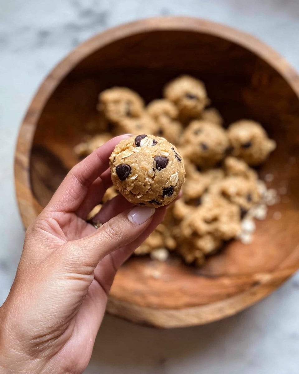 A close-up image showing a woman's hand holding a small round ball of cookie dough filled with dark chocolate chips and oats. The dough has a light brown color with small dark brown spots from the chips. In the background, there is a large wooden bowl filled with more chunky cookie dough clumps, all of similar texture and color. The scene is set on a white marbled surface. photo taken with an iphone --ar 4:5 --v 7