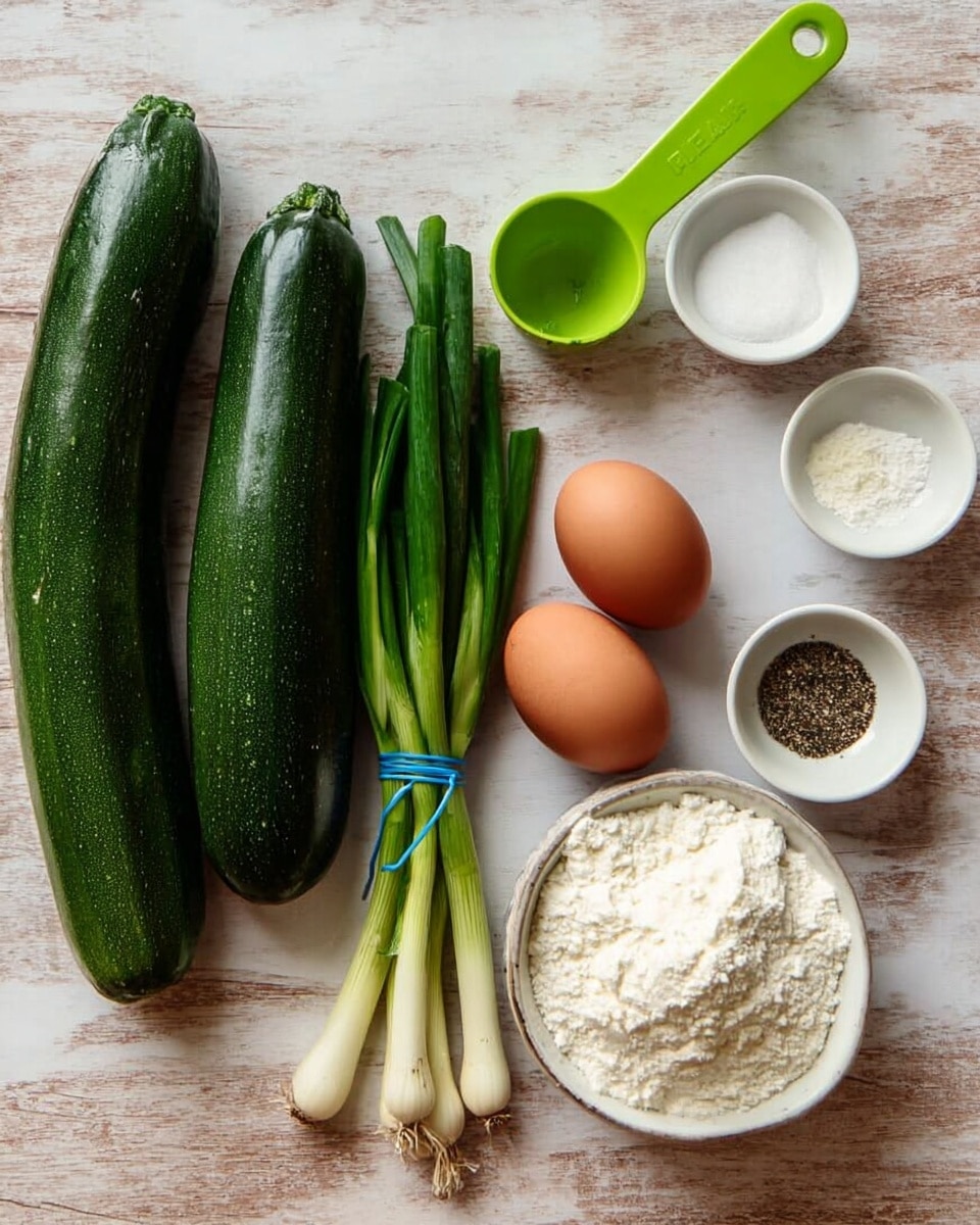 The image shows cooking ingredients arranged on a white marbled surface: two long, dark green zucchinis on the left, a bunch of green onions tied with a blue rubber band placed next to them, two brown eggs near the center, a green measuring spoon filled with white flour to the right, and three small white bowls—one with salt, one with black pepper, and one with baking powder—positioned near the top right corner photo taken with an iphone --ar 4:5 --v 7