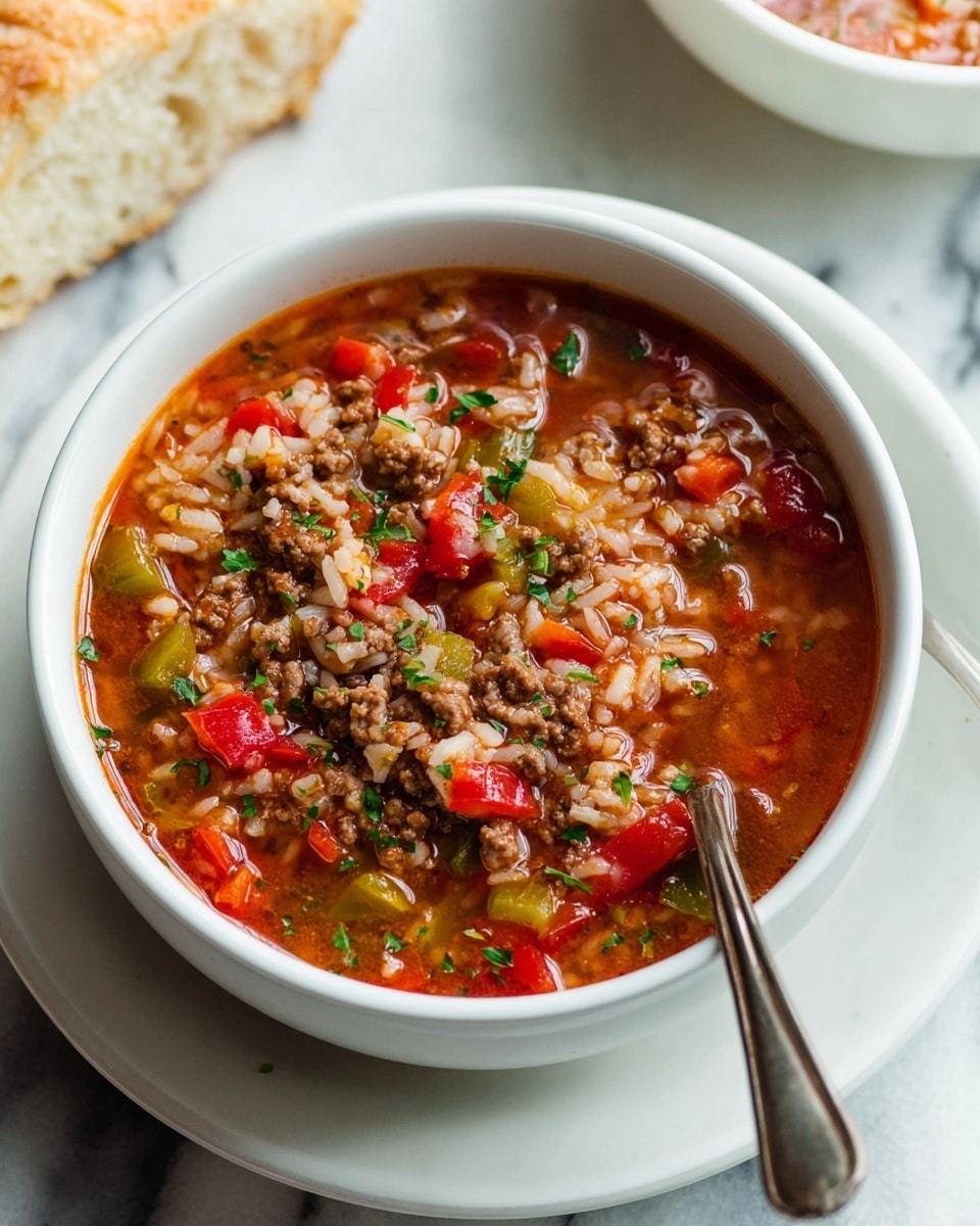 A white bowl filled with a soup that has three main layers visible: a base of rich red broth, mixed with rice grains floating throughout, small pieces of browned ground meat, and chunky red and green bell pepper pieces scattered evenly. The surface is dotted with small bits of green herbs, adding a fresh touch. The bowl is placed on a white plate with a silver spoon on the right side, resting partly inside the plate. The background shows a white marbled surface with a piece of light brown crusty bread slightly blurred on the lower right and top left edges of the frame. Photo taken with an iphone --ar 4:5 --v 7