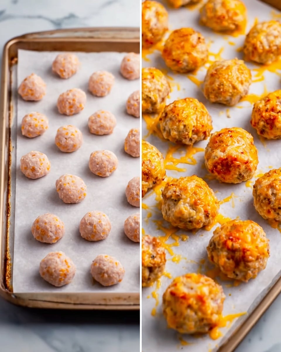 The image shows two side-by-side views of a tray full of small, round, raw dough balls on the left and the same tray with the balls baked into golden brown cheese meatballs on the right. On the left, the dough balls are pale pink with flecks of orange and are evenly spaced on white parchment paper placed on a white marbled tray. On the right side, the baked balls have a crispy golden brown outer layer with melted orange cheese spots and a slightly rough texture, sitting on the same white parchment paper on the white marbled tray. Photo taken with an iphone --ar 4:5 --v 7