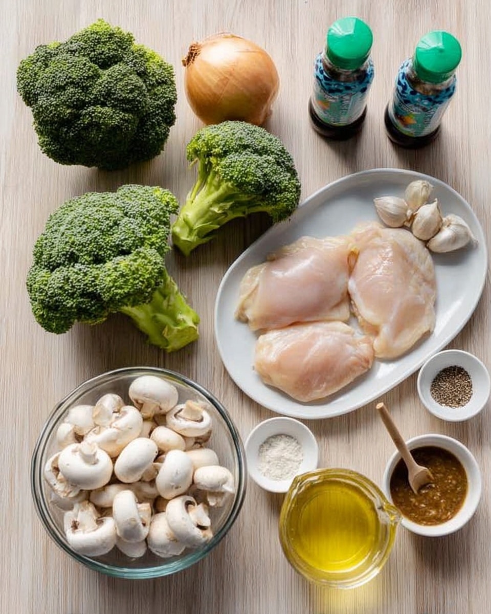 The image shows raw ingredients arranged neatly on a white marbled texture surface. On the left side, two full broccoli heads with dark green tops and light green stalks are placed. To the right of the broccoli, there is a white plate with two large pieces of raw chicken, pale pink and smooth in texture. In front of the plate is a clear glass bowl filled with whole white mushrooms, clean and round. Behind the mushrooms, there is a whole onion with a golden brown outer skin, and a head of garlic with three cloves beside it. On the right side, a clear glass measuring cup holds golden yellow liquid. Next to the cup is a small clear container with black pepper, a white bowl with a paste-like brown sauce being stirred by a woman's hand holding a wooden spoon, a small light blue bowl with a white powder, and two dark bottles labeled with green and blue designs. photo taken with an iphone --ar 4:5 --v 7