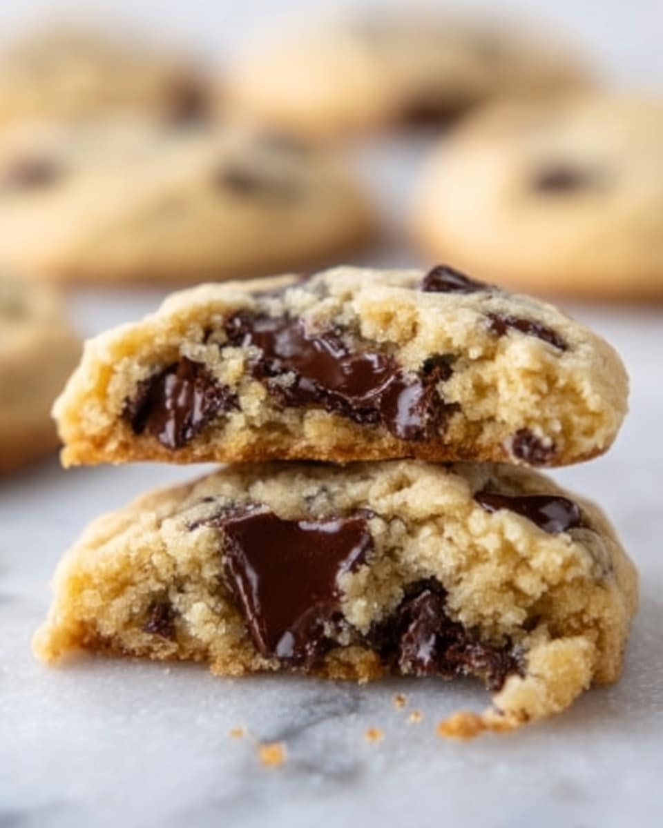 A close-up image of a cookie broken in half, showing three layers: the top layer is a golden-brown baked surface with small chocolate chips, the middle layer is soft and slightly gooey with melted dark chocolate chunks, and the bottom layer matches the top layer in color and crumbly texture. The cookie is placed on a white marbled surface with blurred similar cookies in the background. The photo shows the moist texture of the inside and the crispy outside clearly. Photo taken with an iphone --ar 4:5 --v 7