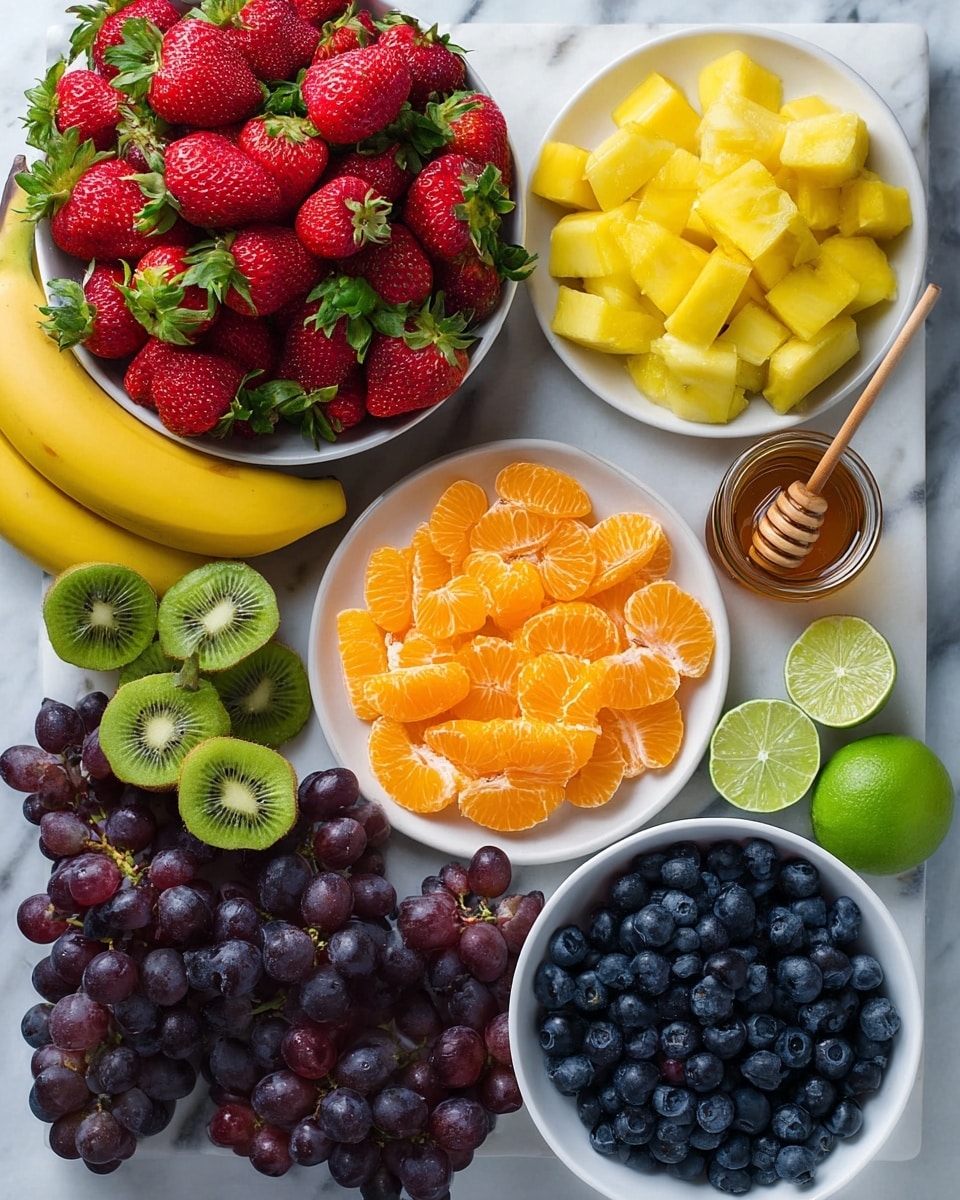 The image shows a top view of a variety of fresh fruits arranged on a white marbled surface. At the top left, there is a large pile of vibrant red strawberries with green leaves. Below the strawberries, there are two yellow bananas partially resting on a white bowl full of bright yellow pineapple chunks. To the right of the strawberries, there is a white plate filled with neatly arranged bright orange mandarin segments. Next to the mandarin plate, there is a small glass jar with honey and a wooden honey dipper inside. Below the mandarin plate, there are sliced kiwis with a bright green inside and brown fuzzy skin, placed on the surface. Near the kiwis, there are three whole limes and two lime halves showing their fresh green interior. At the bottom right, a white bowl is filled generously with plump dark blue blueberries. On the lower left side, there are bunches of dark purple grapes with a smooth texture. All the fruits are bright, colorful, and fresh with clear, sharp details. Photo taken with an iphone --ar 4:5 --v 7