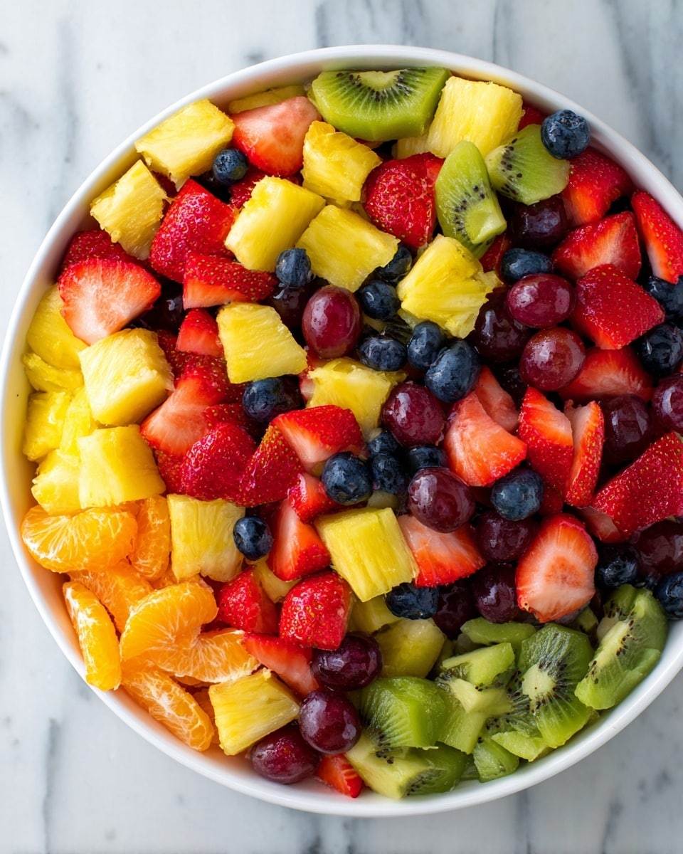 A large white bowl filled with a colorful mix of cut fresh fruits. The bottom layer is made of bright yellow pineapple chunks, next are vibrant orange mandarin slices scattered evenly, followed by bright red strawberry halves and quarters placed throughout. There are juicy red grape halves mixed in with the strawberries, while small round dark blue blueberries and green kiwi slices with tiny black seeds add contrast across the top. The bowl sits on a white marbled surface. photo taken with an iphone --ar 4:5 --v 7