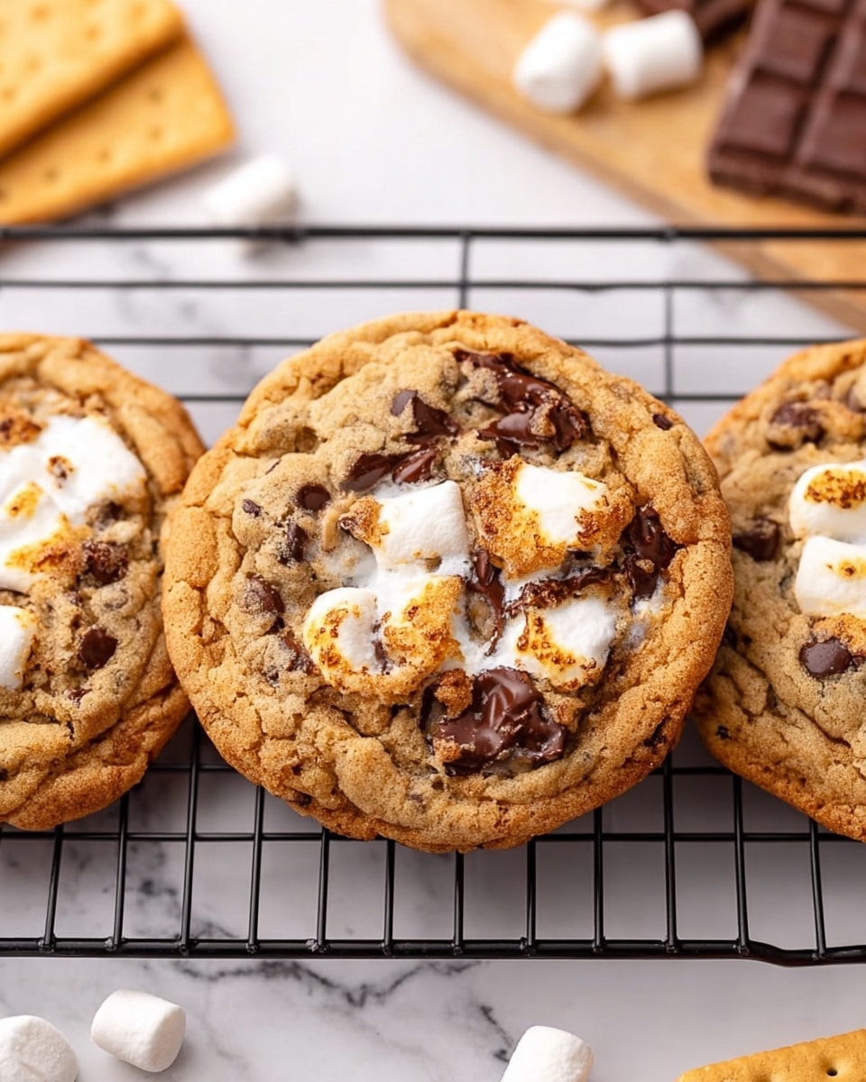 The image shows three chocolate chip cookies on a black wire cooling rack placed on a white marbled surface. Each cookie has a golden-brown color with visible melted chocolate chips and gooey white marshmallow pieces on top. The cookies are round with crispy edges and soft centers filled with a mix of light brown dough and dark chocolate spots. In the background, parts of a chocolate bar, white marshmallows, and a graham cracker can be seen blurred. Photo taken with an iphone --ar 4:5 --v 7