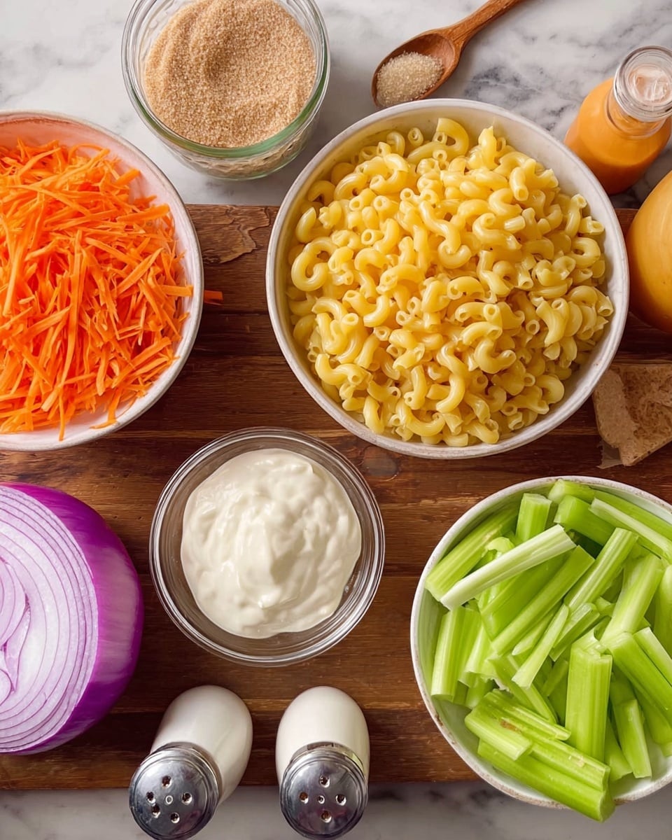 The image shows a top view of a wooden table with several bowls and containers filled with different ingredients. In the center, there is a white bowl filled with cooked elbow macaroni that is bright yellow. To the left, there is a white bowl full of shredded orange carrots with long thin pieces. On the right side, a white bowl contains fresh celery sticks that are pale green and have a smooth texture. Below the celery, a single thick slice of purple onion with visible layers rests directly on the table. In the middle, there is a small clear bowl holding creamy white mayonnaise with a smooth surface. Near the top, there is a glass jar with brown sugar and a small wooden spoon inside. Alongside are a small glass bottle of milk, two clear salt and pepper shakers, and a tiny bottle with orange dressing or sauce. The background is changed to a white marbled surface. photo taken with an iphone --ar 4:5 --v 7