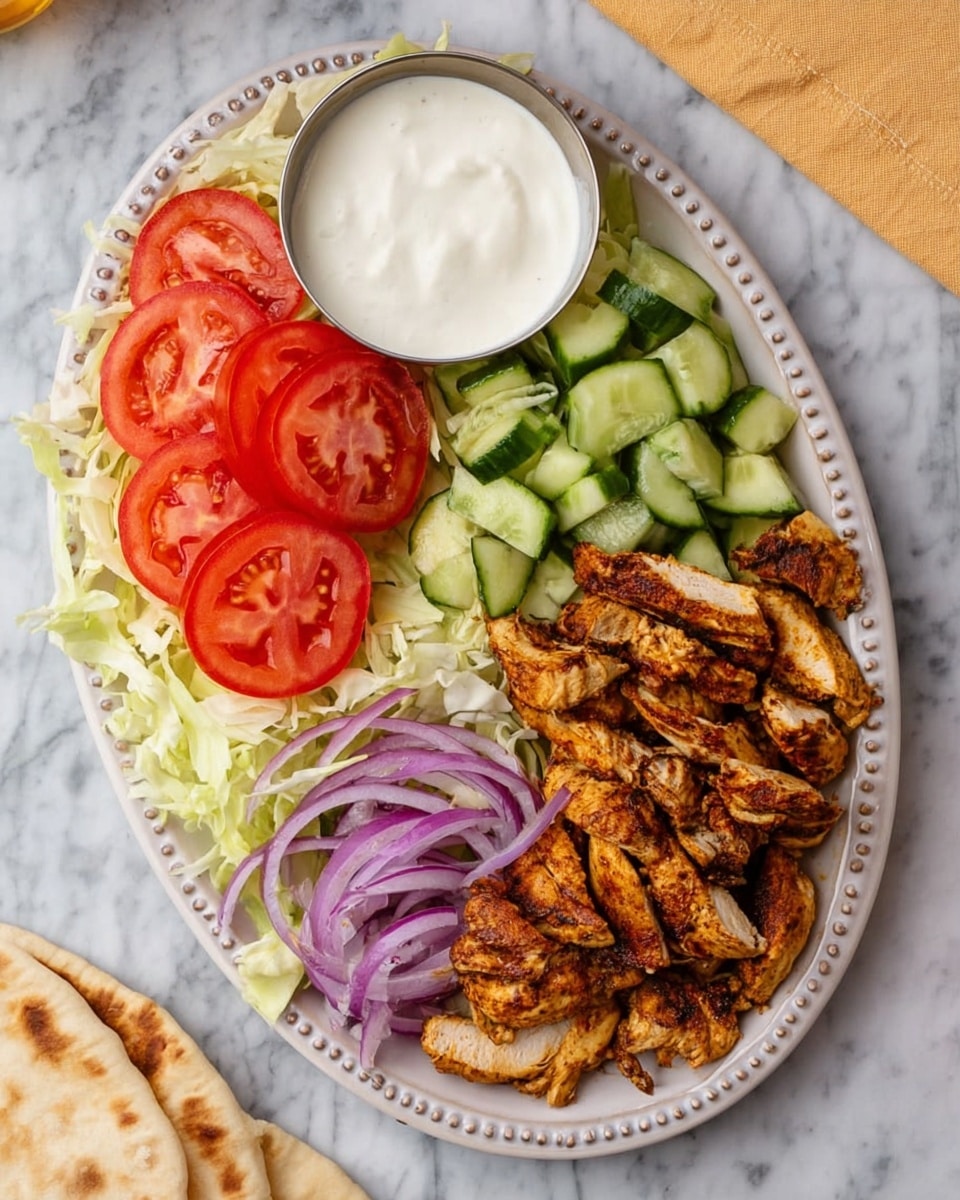 The image shows a white oval plate with a detailed edge, placed on a white marbled surface. The plate has four main layers: on the right, there are sliced grilled chicken pieces with a golden brown color and a slightly charred texture; next to the chicken is a layer of diced, bright green cucumber with a fresh, crisp texture. Below the cucumber, thin slices of purple-red onion are arranged, providing a sharp color contrast. To the left of the onions, shredded pale green lettuce forms a soft, leafy layer. Above the lettuce, there are five round slices of red tomato positioned in a row. Near the top left of the plate is a small round bowl filled with smooth, creamy white sauce. A piece of flatbread is partially visible at the bottom right corner of the image. Photo taken with an iphone --ar 4:5 --v 7
