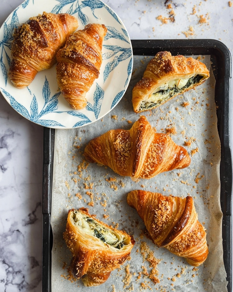 The image shows five golden brown croissants with a crispy, flaky texture, some sprinkled with a light dusting of cheese or crumbs on top. Three croissants are placed on a white plate with a blue leafy pattern near the center of the image, while two croissants rest directly on a piece of baking paper on a black baking tray with scattered crumbs. One croissant on the tray is sliced in half, revealing a creamy white and green filling inside, likely spinach and cheese. The whole setup is on a white marbled surface. Photo taken with an iphone --ar 4:5 --v 7
