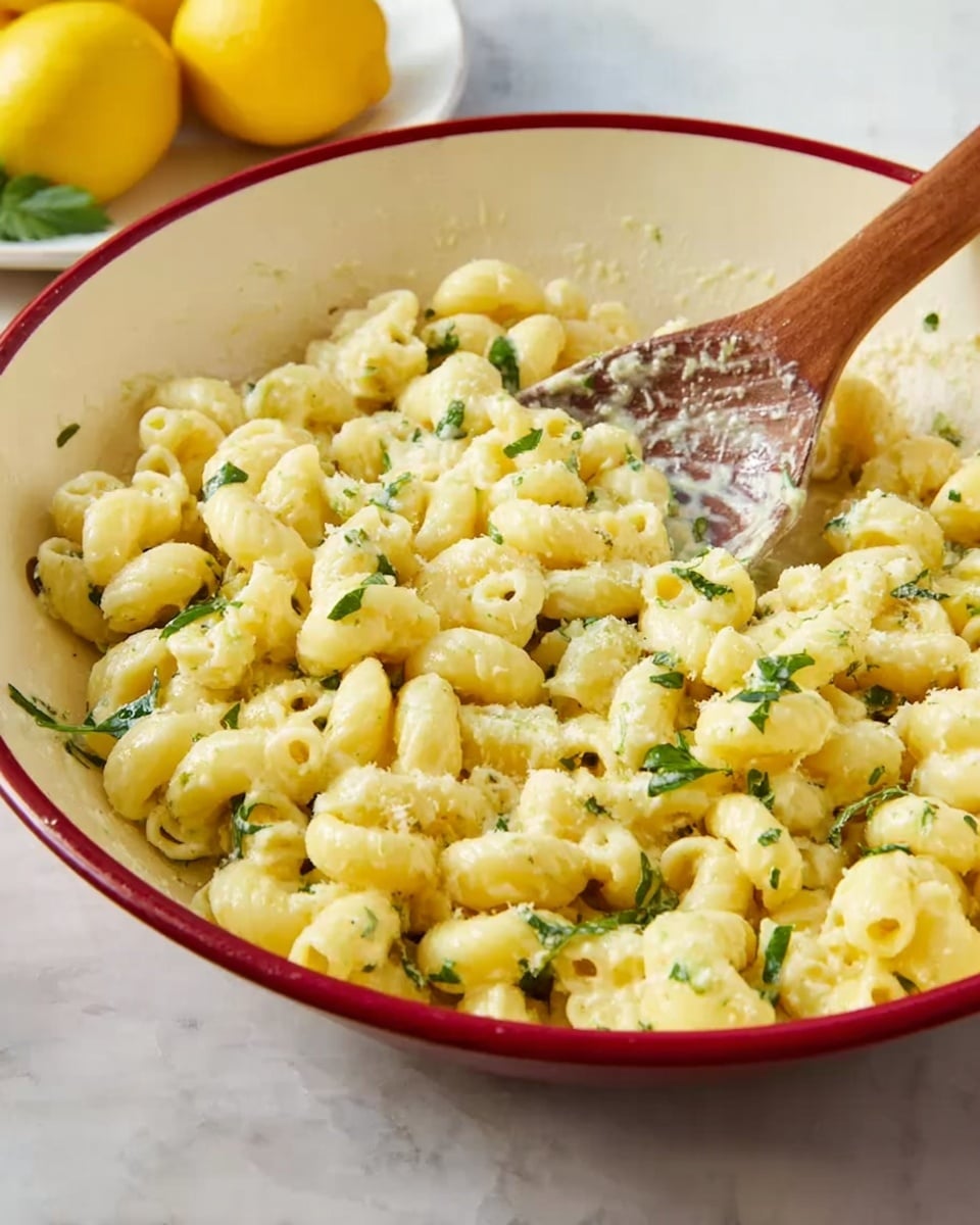 A white dish with a red rim filled with small macaroni pasta mixed with white creamy sauce and small green herb pieces, a wooden spoon resting in the pasta stirring it gently, a few bits of the sauce coat the spoon and pasta, the dish set on a white marbled surface, with a white plate of bright yellow lemons blurred in the background on the left side, photo taken with an iphone --ar 4:5 --v 7