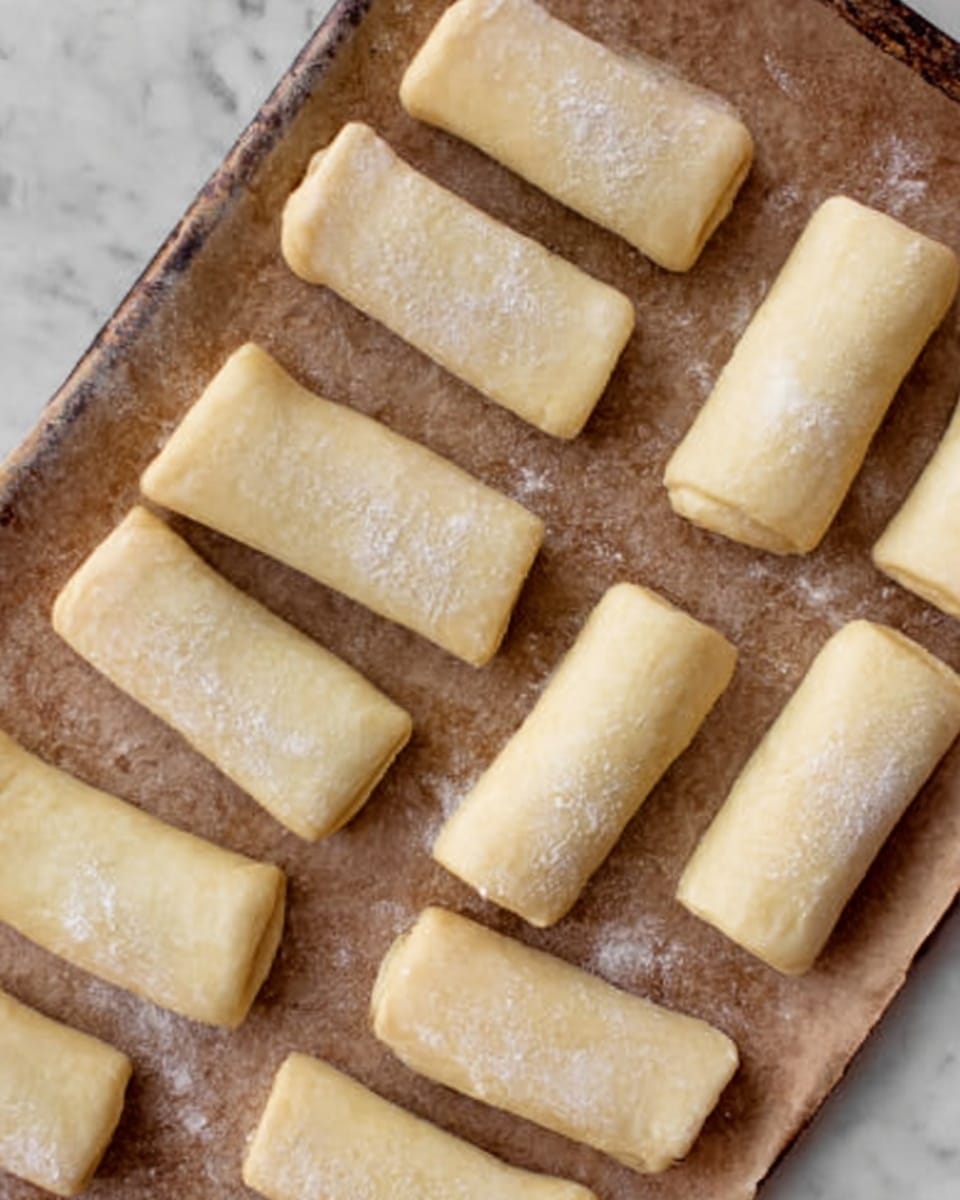 The image shows a baking tray covered with brown parchment paper, laid out with small, rectangular rolls made from light, pale dough. Each roll is neatly shaped and placed separately, showing some flour dusting on their smooth surface. The rolls are placed in rows, filling the tray evenly with a few spaced apart. The overall look is simple and tidy, with soft lighting highlighting the pale color and texture of the dough. The background surface is a white marbled texture. photo taken with an iphone --ar 4:5 --v 7